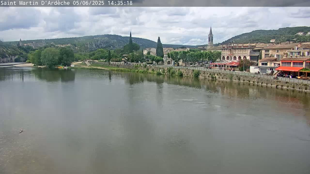 A calm river reflects a town nestled amongst hills under a partly cloudy sky.