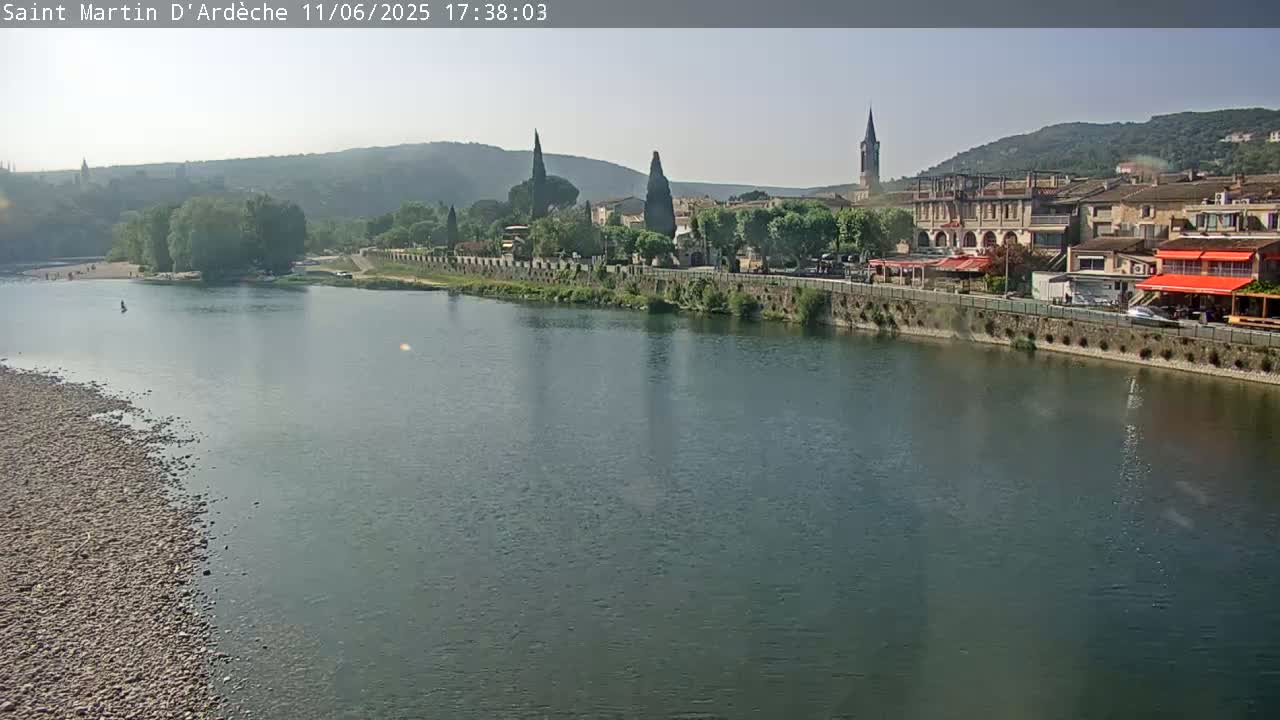 A wide river flows past a town nestled against a hillside under a mostly clear sky.