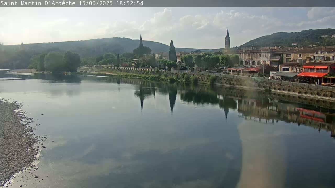 A calm river reflects a town with several buildings and church spires under a partly cloudy sky.