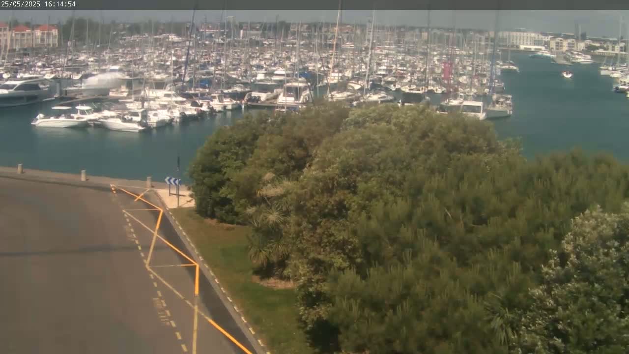 A marina filled with numerous boats and yachts is seen from above on a partly sunny day, with lush green trees and a paved road in the foreground.