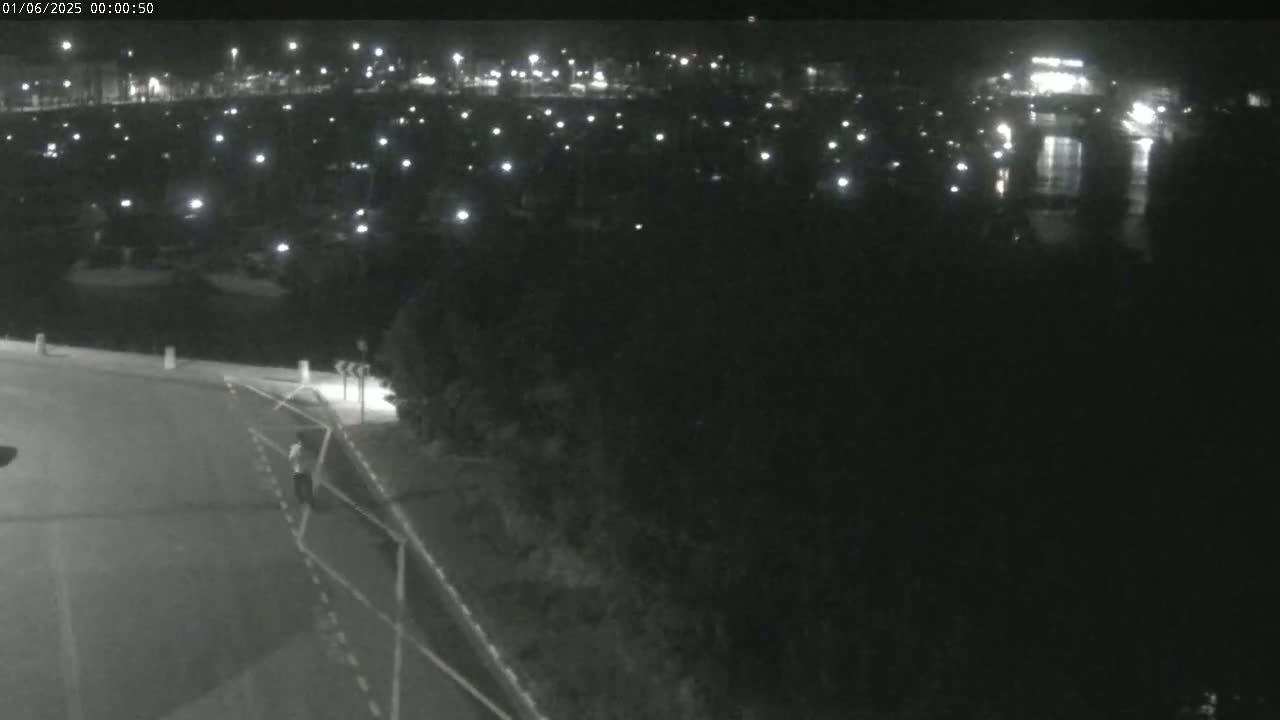 A nighttime, low-light view shows a road intersection with a person walking, overlooking a body of water with numerous lights on the opposite shore.