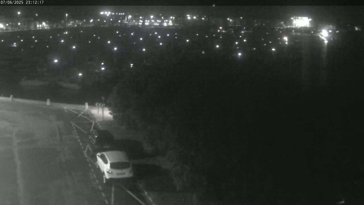 A nighttime, overhead view shows a white car and another dark-colored vehicle parked near a road intersection with a distant parking lot containing numerous illuminated spots of light.