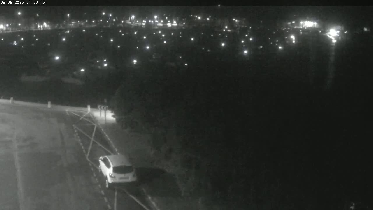 A nighttime, overhead view shows a white car and another dark-colored vehicle parked near a road intersection with a distant parking lot containing numerous illuminated spots of light.