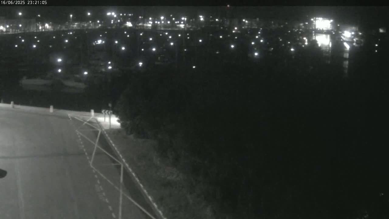 A nighttime view shows a dark body of water with many small lights across its surface, a road curving to the bottom left, and dark vegetation on the right.