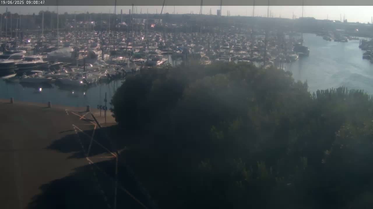A large marina filled with numerous boats is visible from an elevated vantage point on a hazy day.