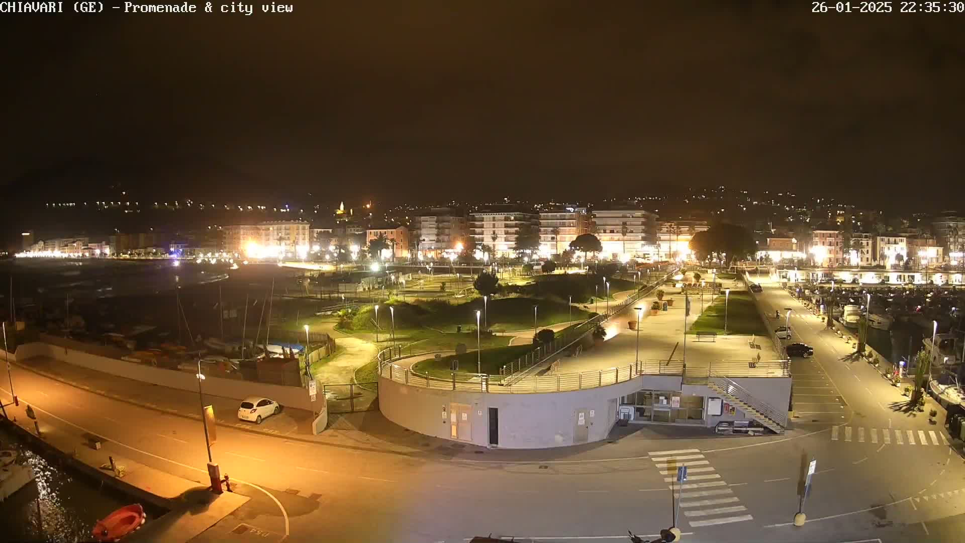 A nighttime, illuminated view of a waterfront promenade and city, with a marina filled with boats.