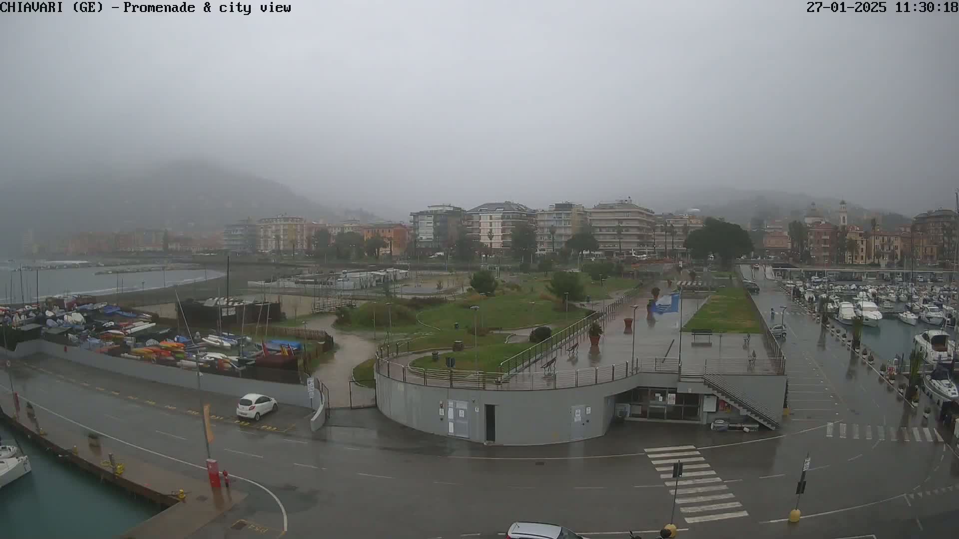 A rainy view of a coastal city promenade, marina, and buildings on a foggy day.