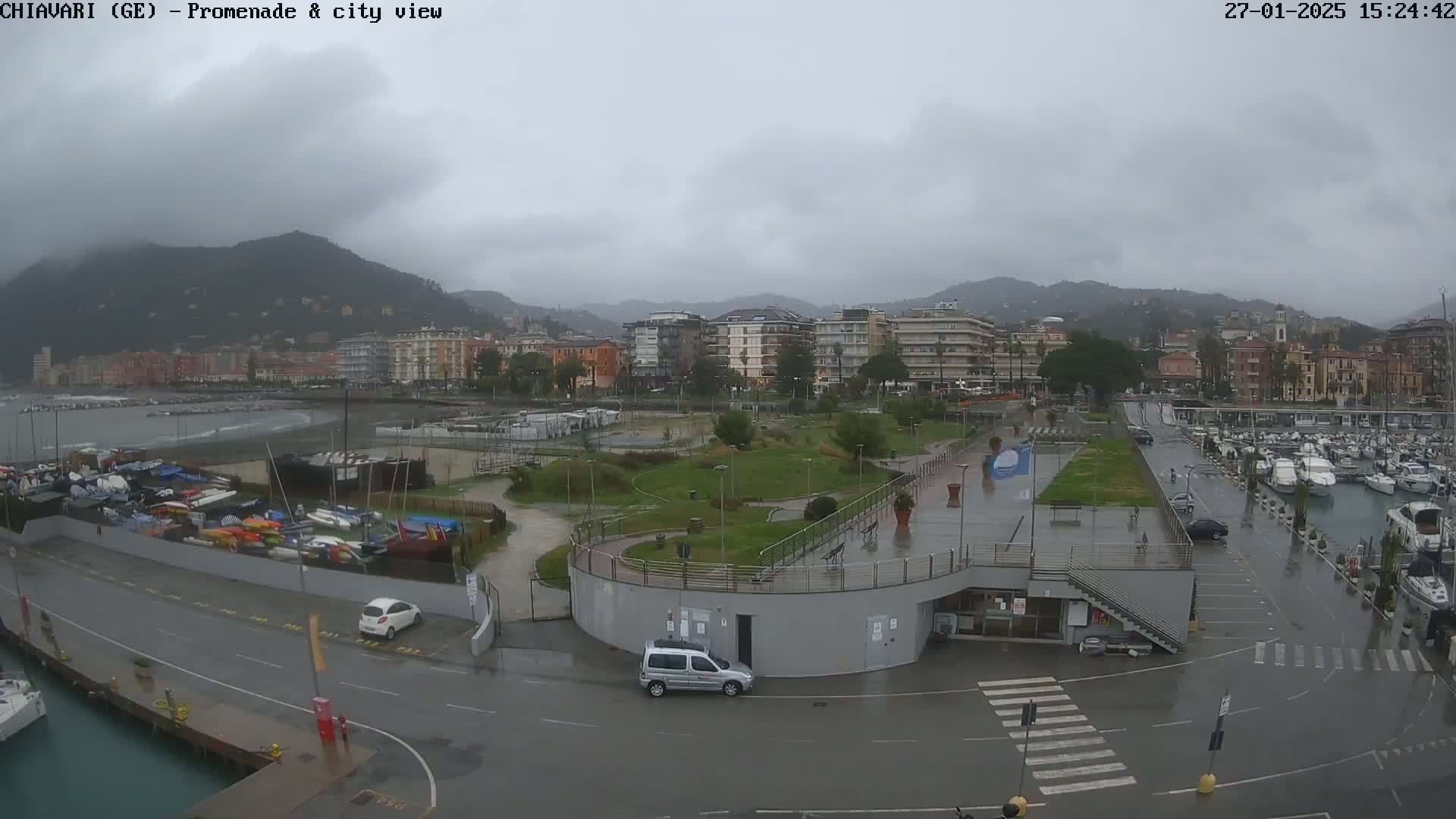 A rain-soaked waterfront promenade and marina, with a city and mountains in the background under an overcast sky.