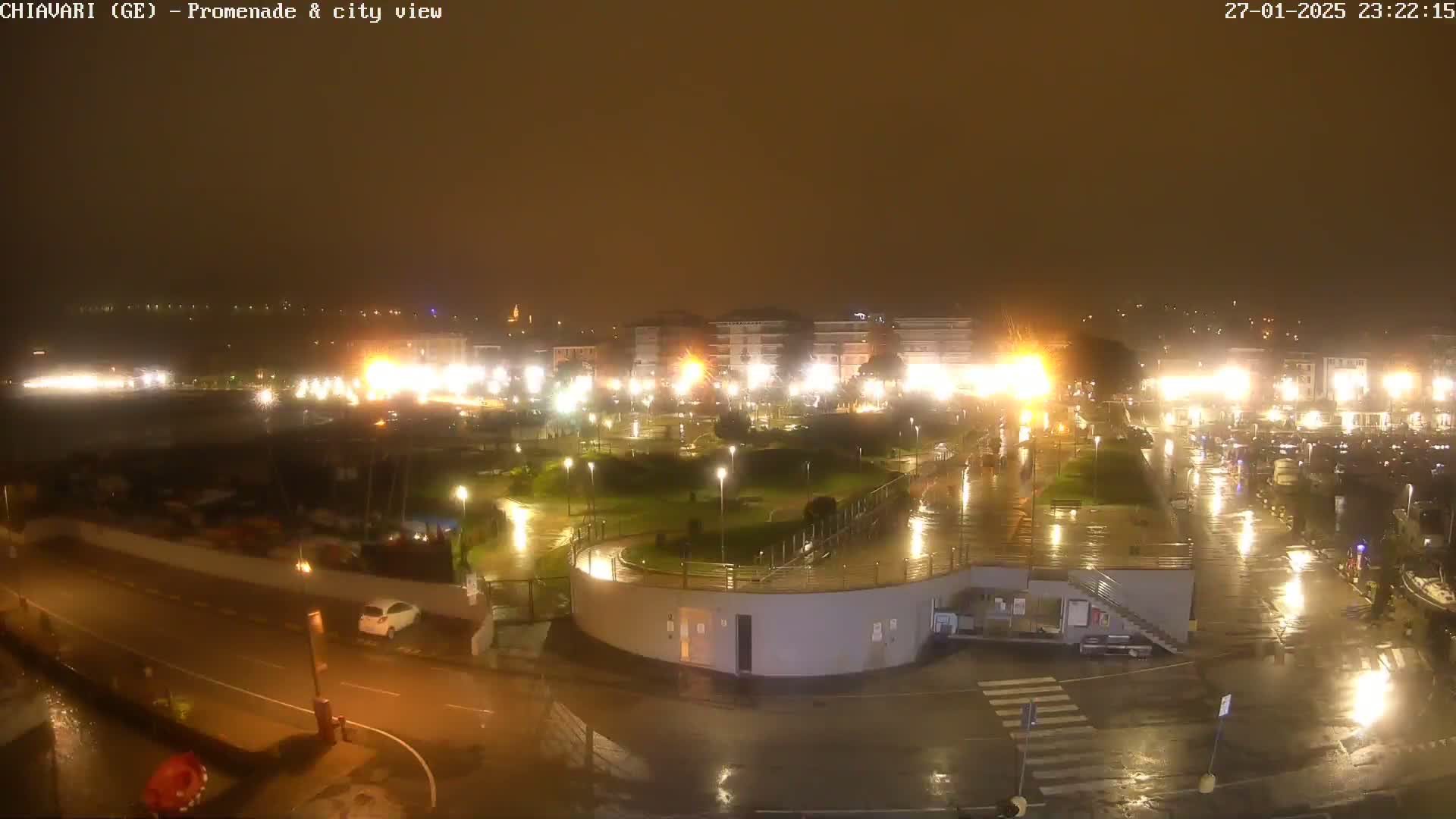 A nighttime view of a rain-slicked city promenade and harbor, illuminated by streetlights and building lights.