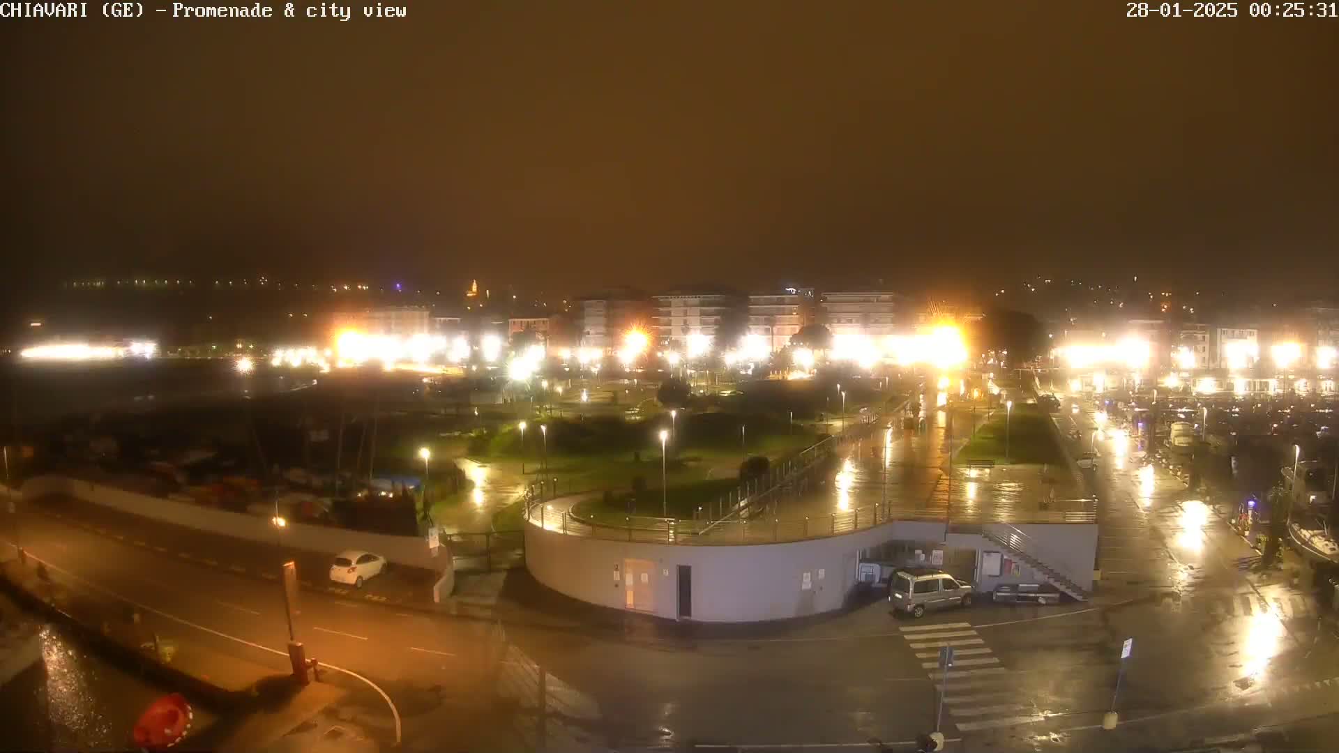 A rain-slicked nighttime view of a city's waterfront promenade, featuring illuminated buildings, parked cars, and a marina.