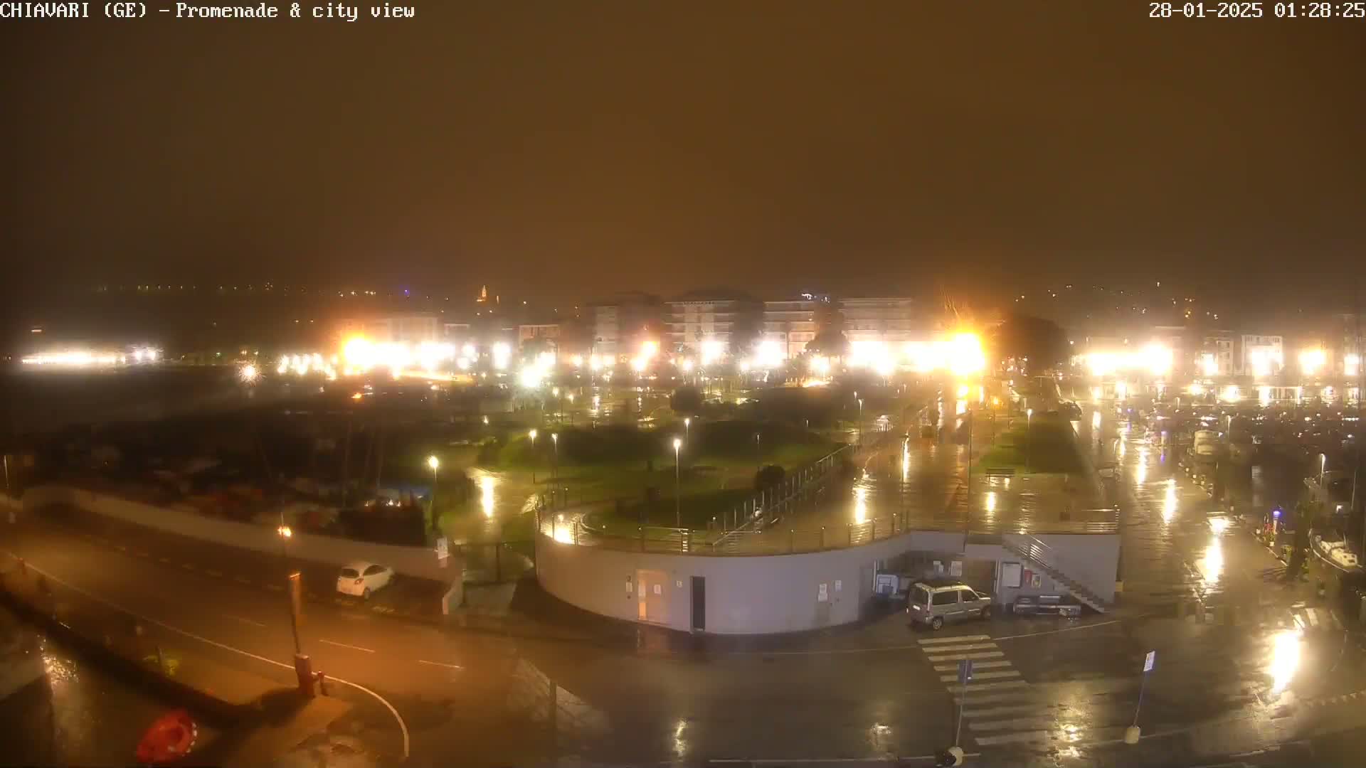 A nighttime view of a rain-soaked city promenade and harbor, illuminated by streetlights reflecting on wet surfaces.
