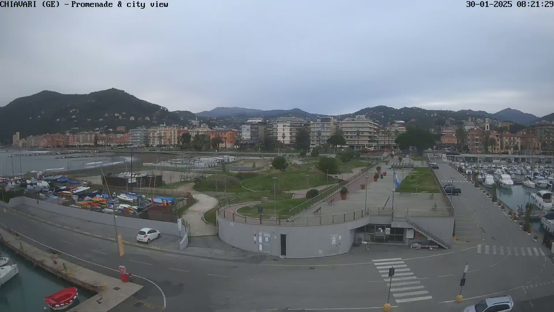 An overcast day reveals a coastal city with a harbor filled with boats, a park-like promenade, and buildings stretching into the hills.