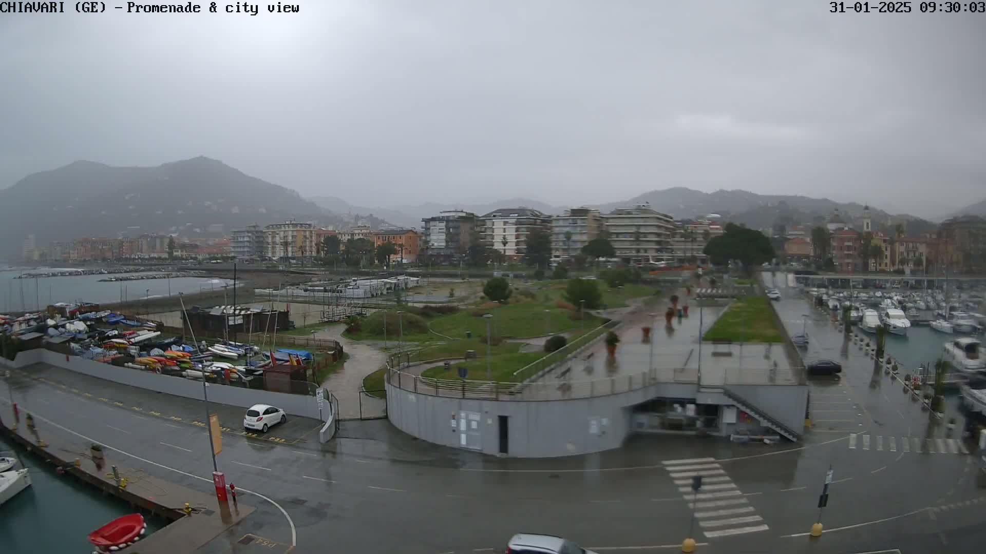 A rain-soaked waterfront promenade and marina overlook a town nestled against a mountain range under a gray sky.