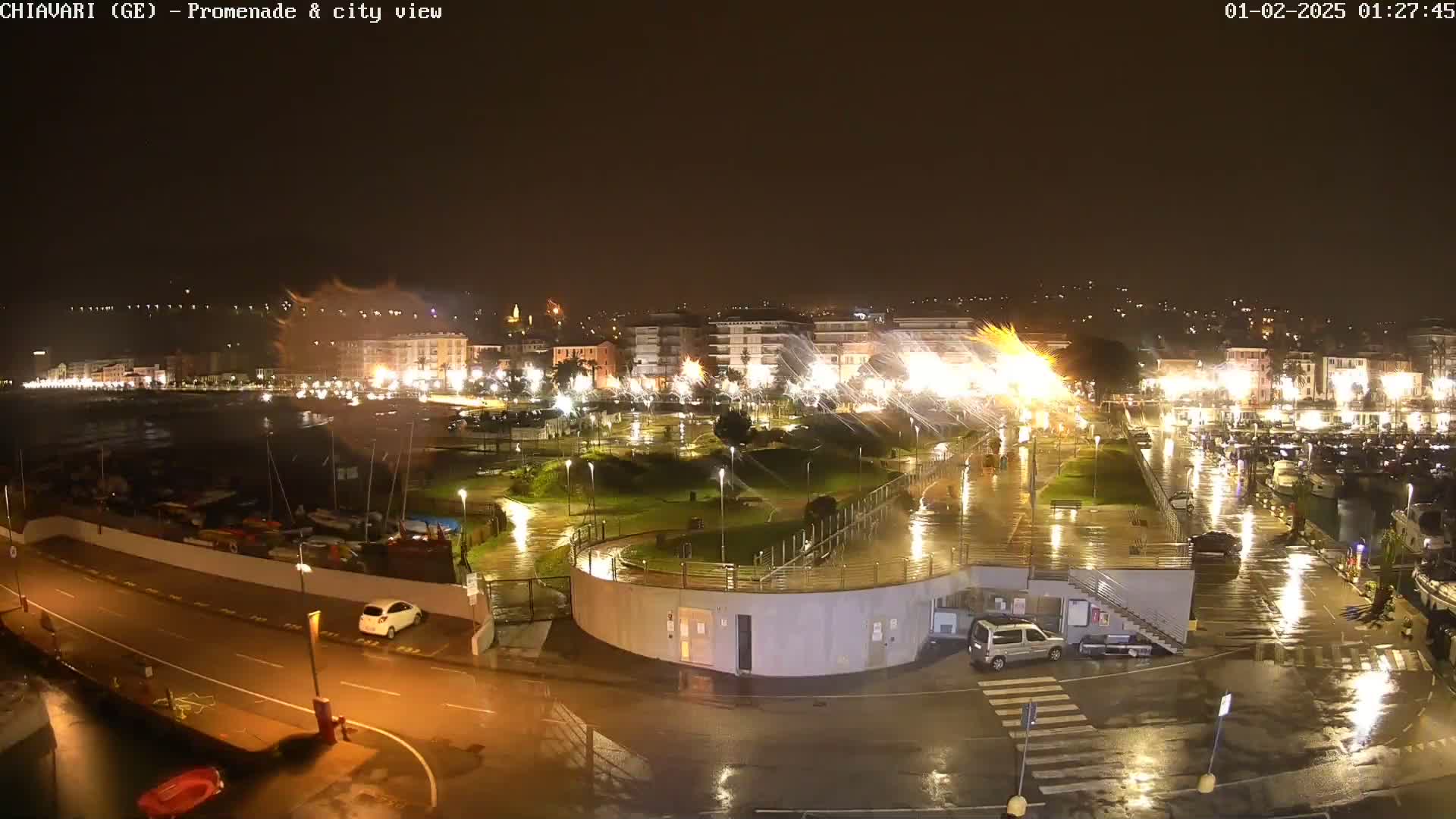 A rain-slicked nighttime waterfront promenade and city, illuminated by streetlights and building lights, shows a harbor with boats and parked cars.