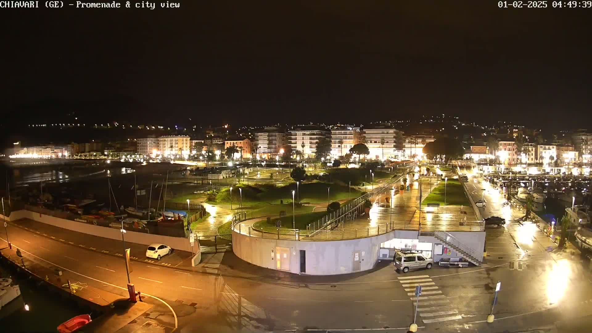 A wet, nighttime view of a city's waterfront promenade, showing a marina, parked cars, and buildings lit up against a dark sky.