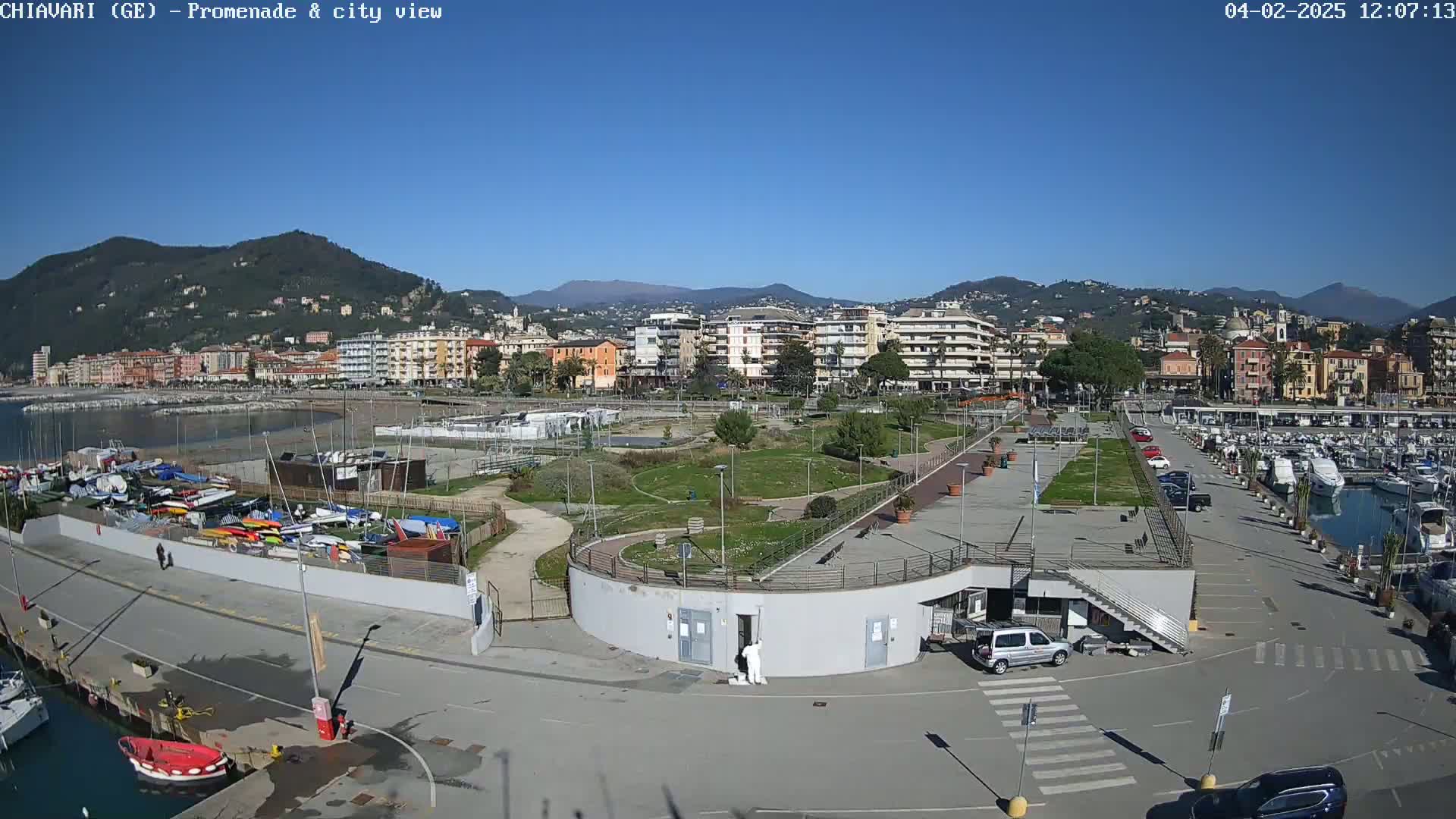 A coastal city with a marina, park, and residential buildings is seen on a clear, sunny day.