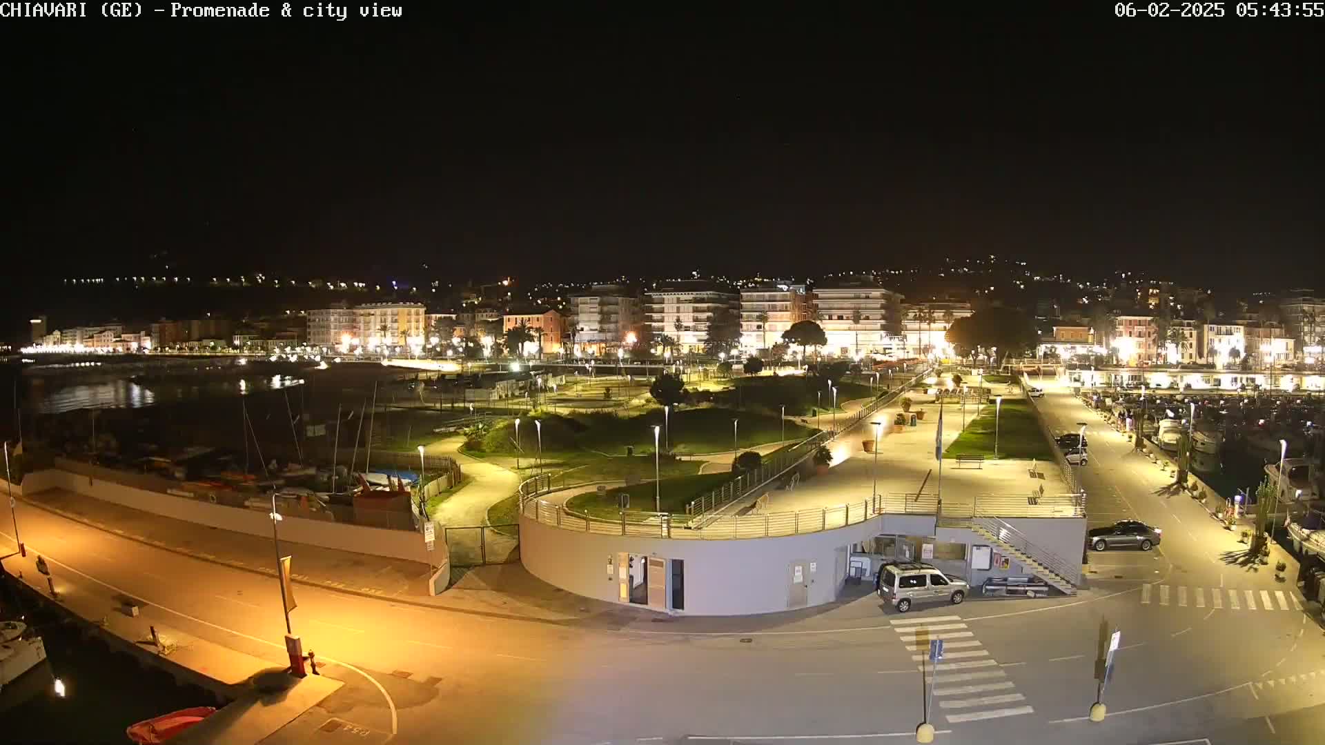 A nighttime view of a city's illuminated promenade and harbor, featuring a park, roadways, and parked cars.