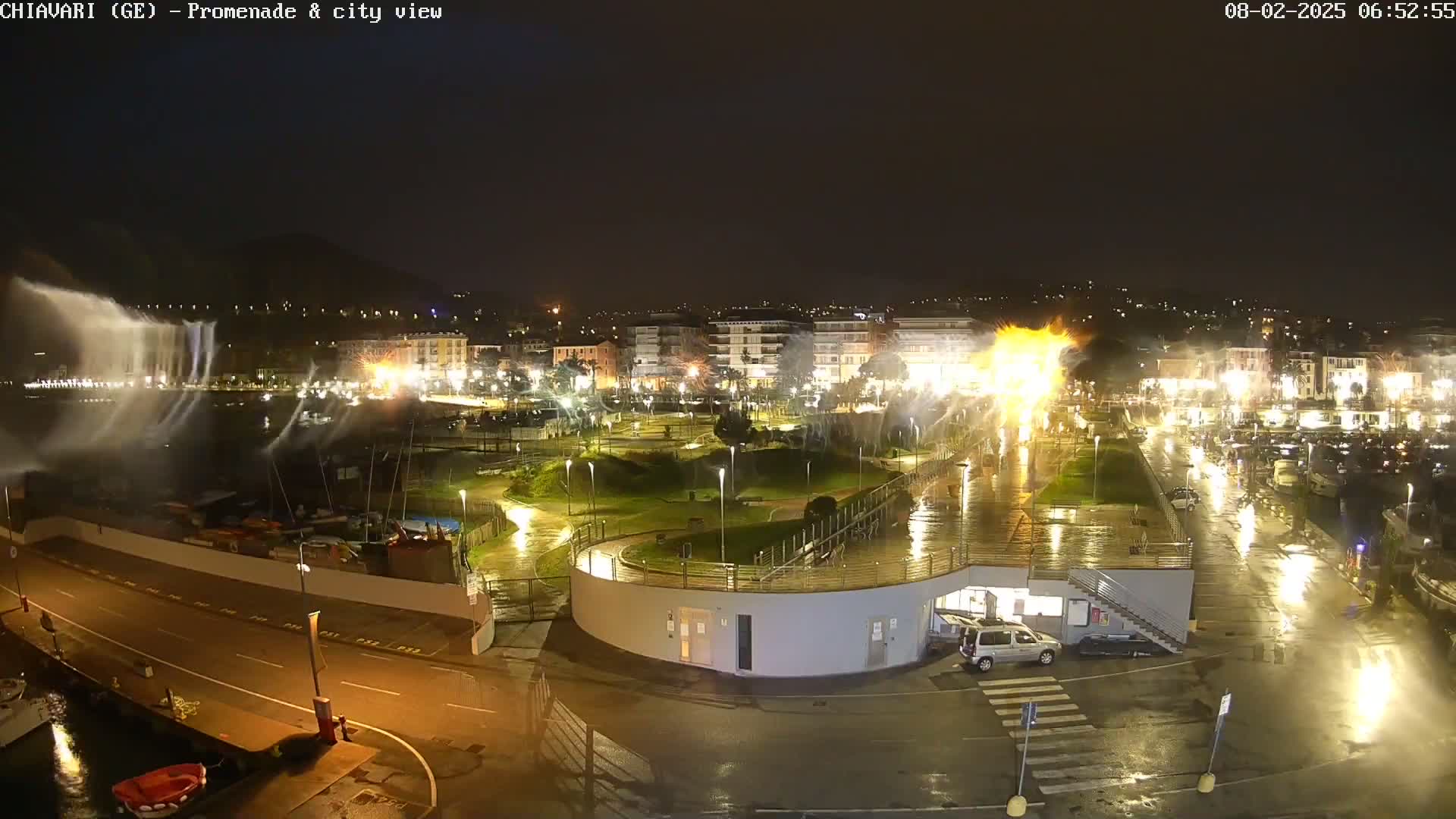A nighttime view of a rain-slicked waterfront promenade and city, featuring water jets spraying into the air and illuminated buildings.