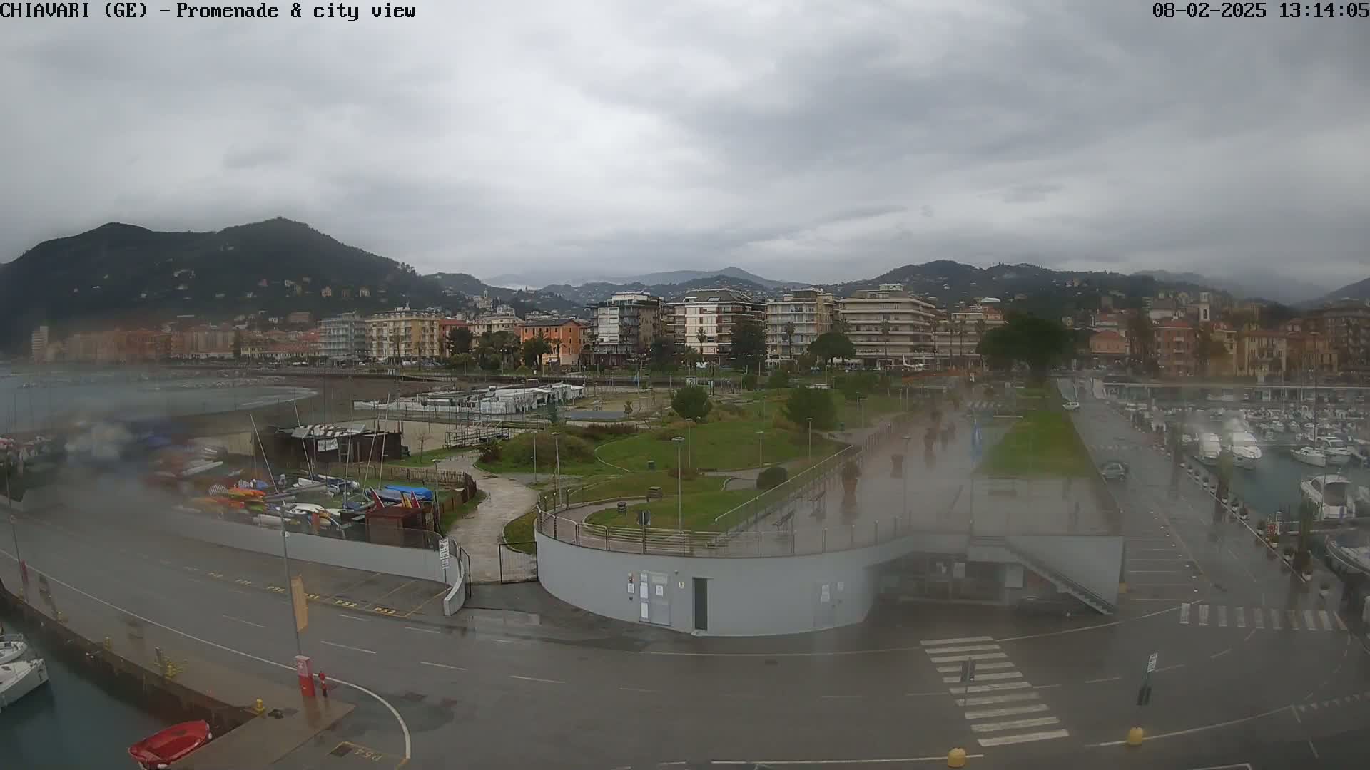 A rain-soaked waterfront promenade and marina overlook a city nestled against a mountain range under a cloudy sky.