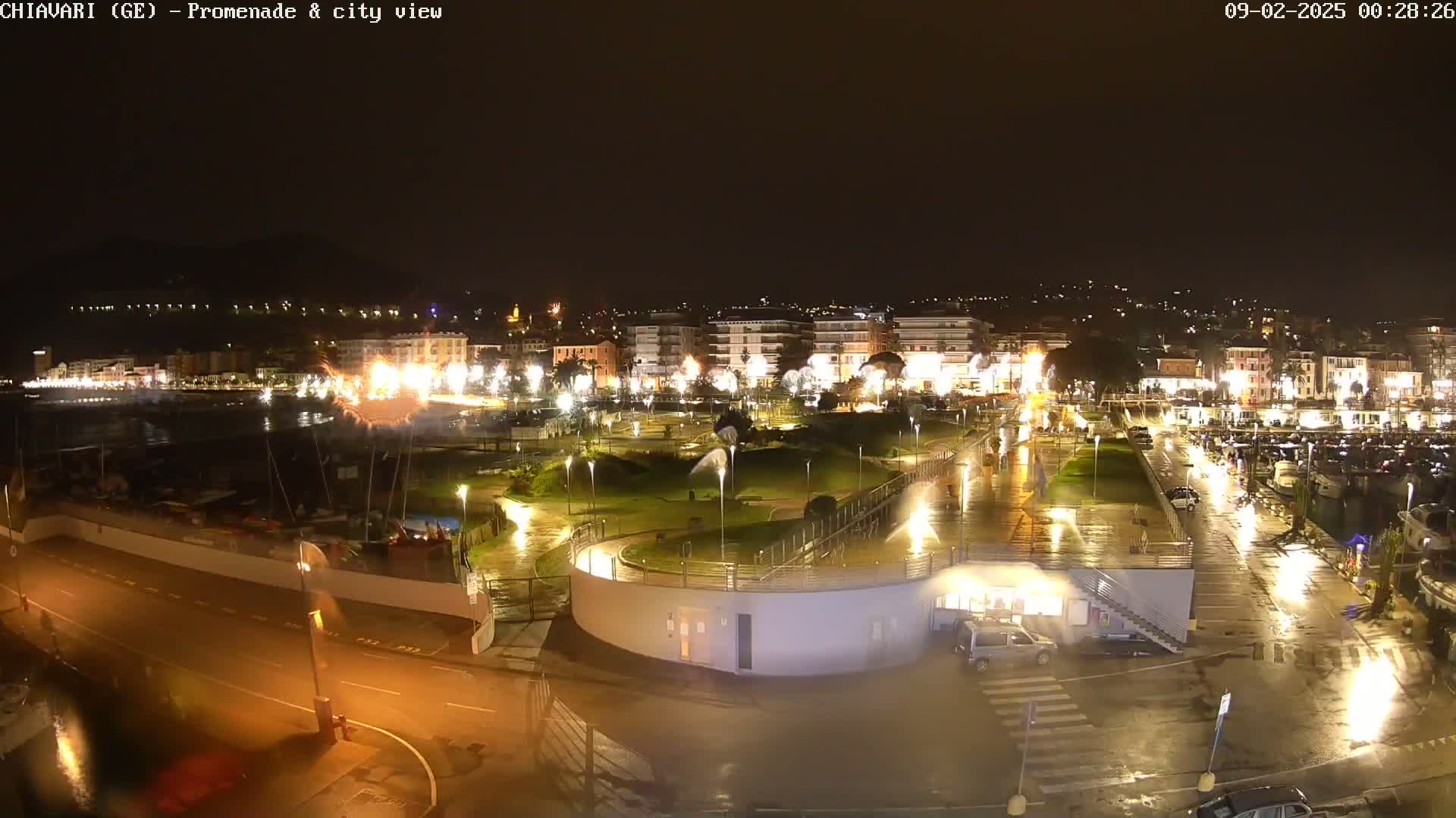 A nighttime, rain-slicked waterfront promenade and city view shows a town's illuminated buildings and a marina, with water features lit up in a park.