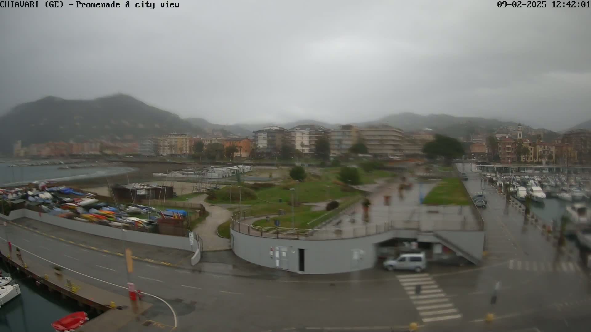 A rainy view of a waterfront promenade and city, with boats moored in a harbor, and buildings stretching along a hillside under a gray sky.