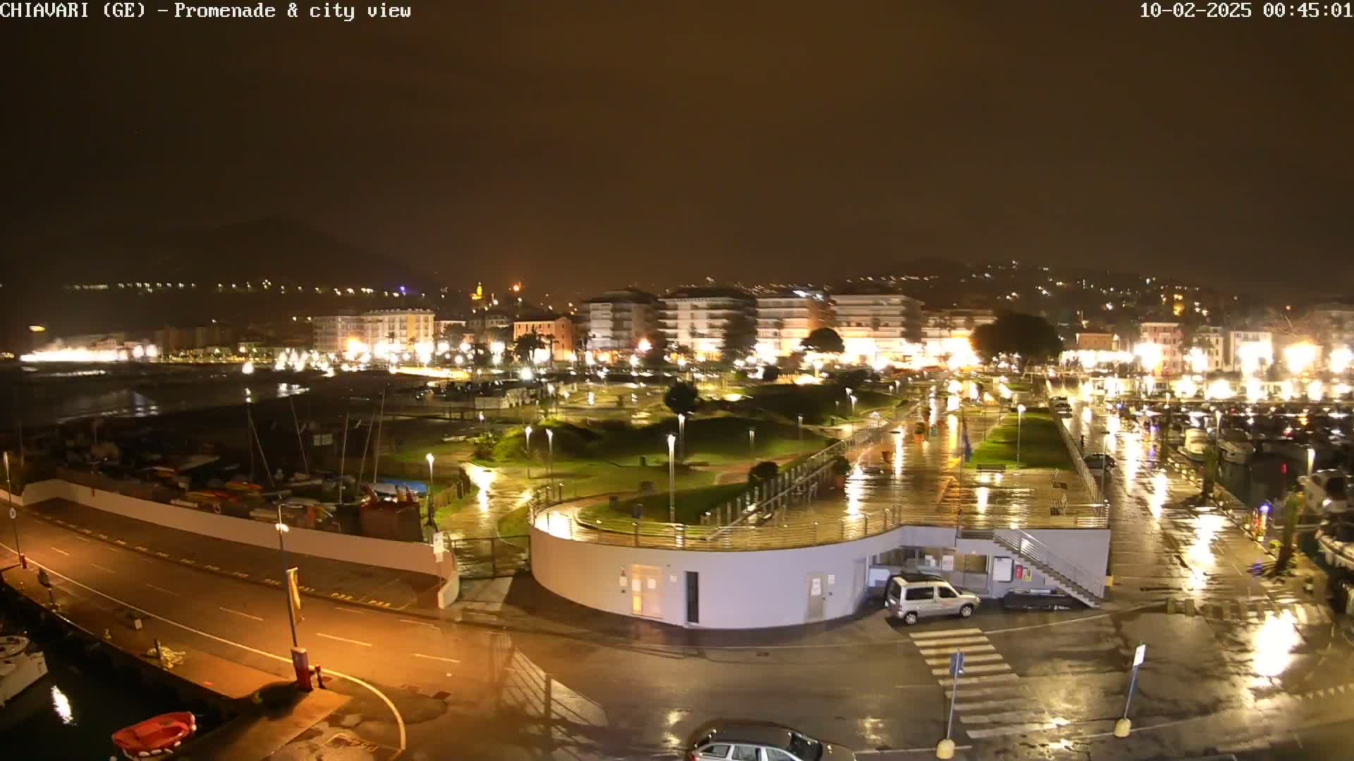 A rain-slicked nighttime view of a seaside town's promenade and harbor, with buildings and streets illuminated, and vehicles parked.