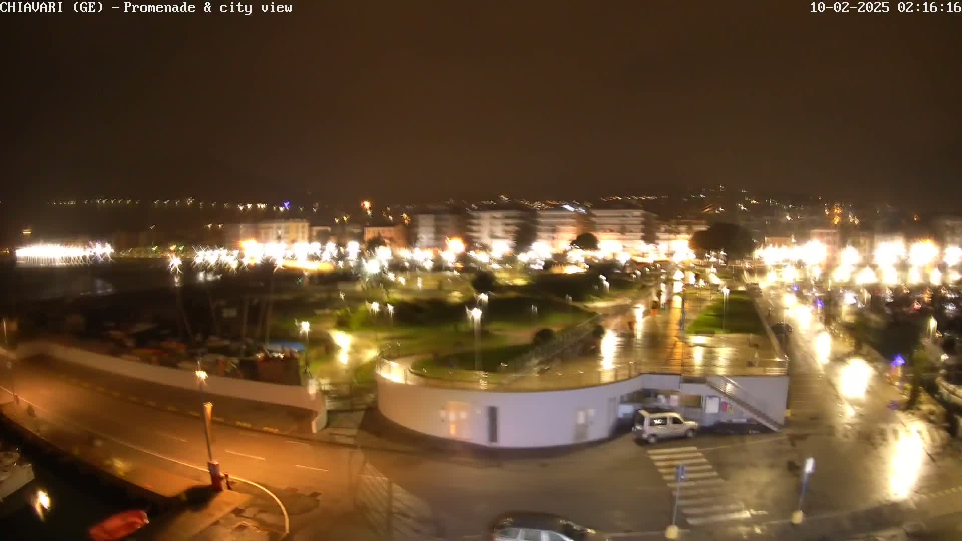 A nighttime, rain-slicked city promenade and adjacent park are illuminated by streetlights and building lights.