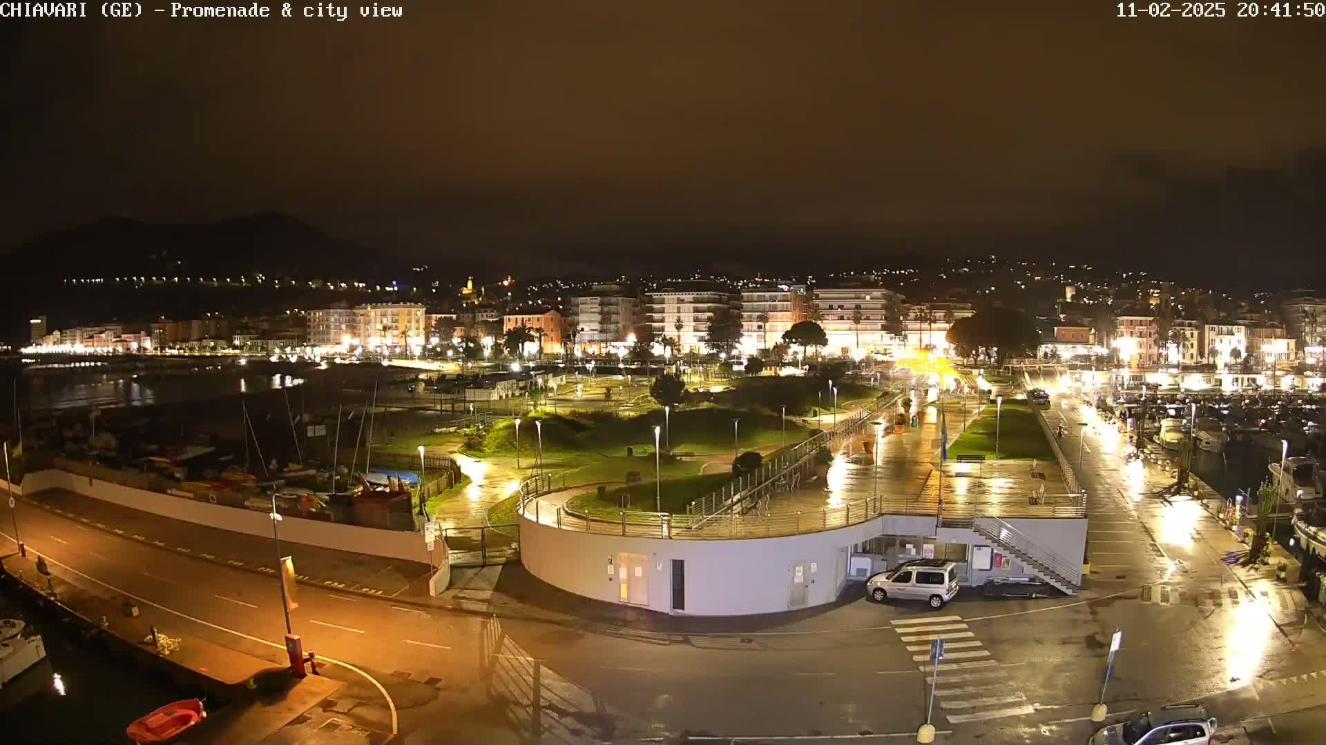 A nighttime view of a wet, illuminated city waterfront with a marina, promenade, and park.