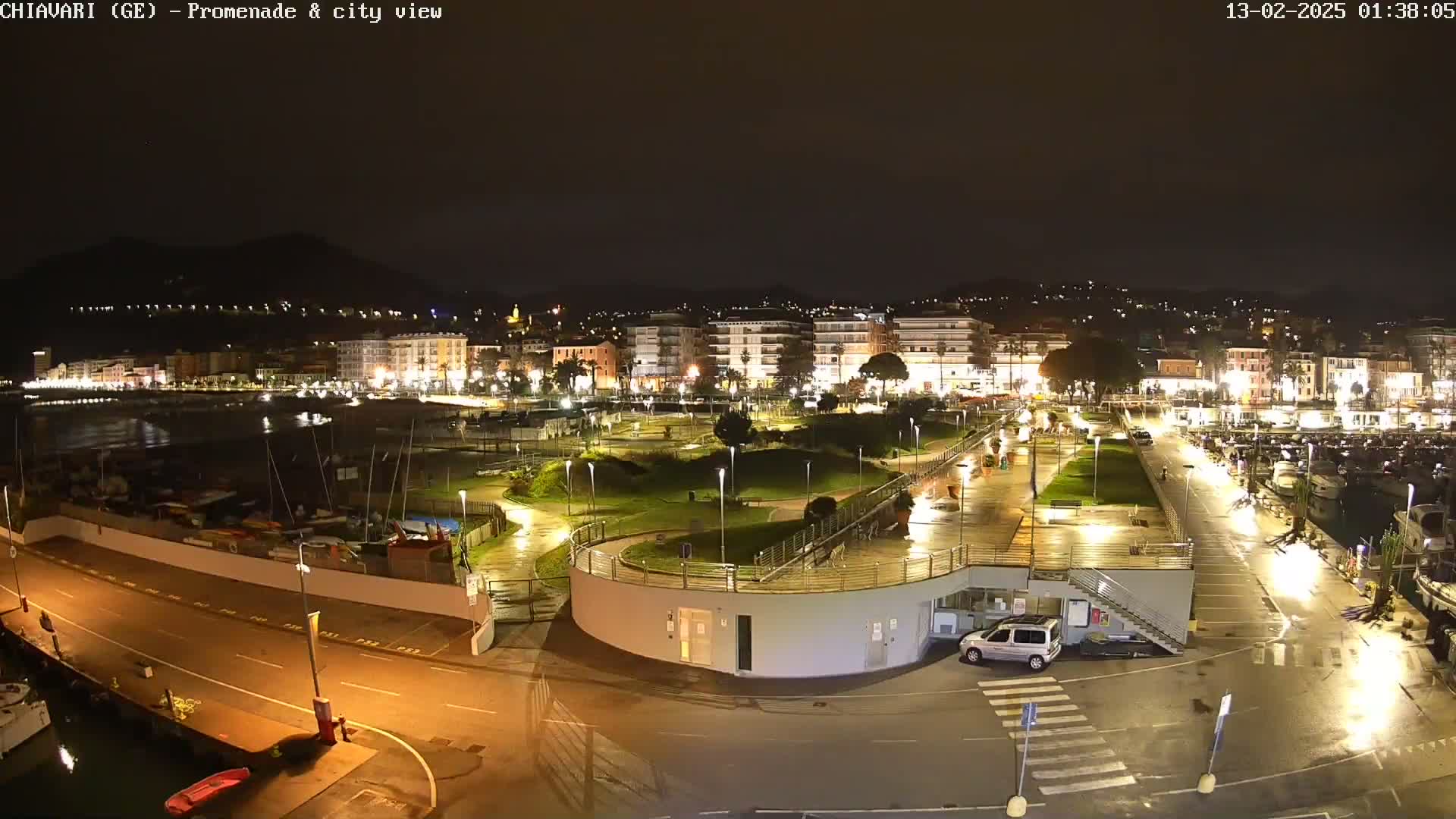 A nighttime view of a city's waterfront promenade and marina, showing wet pavement and illuminated buildings under a dark sky.