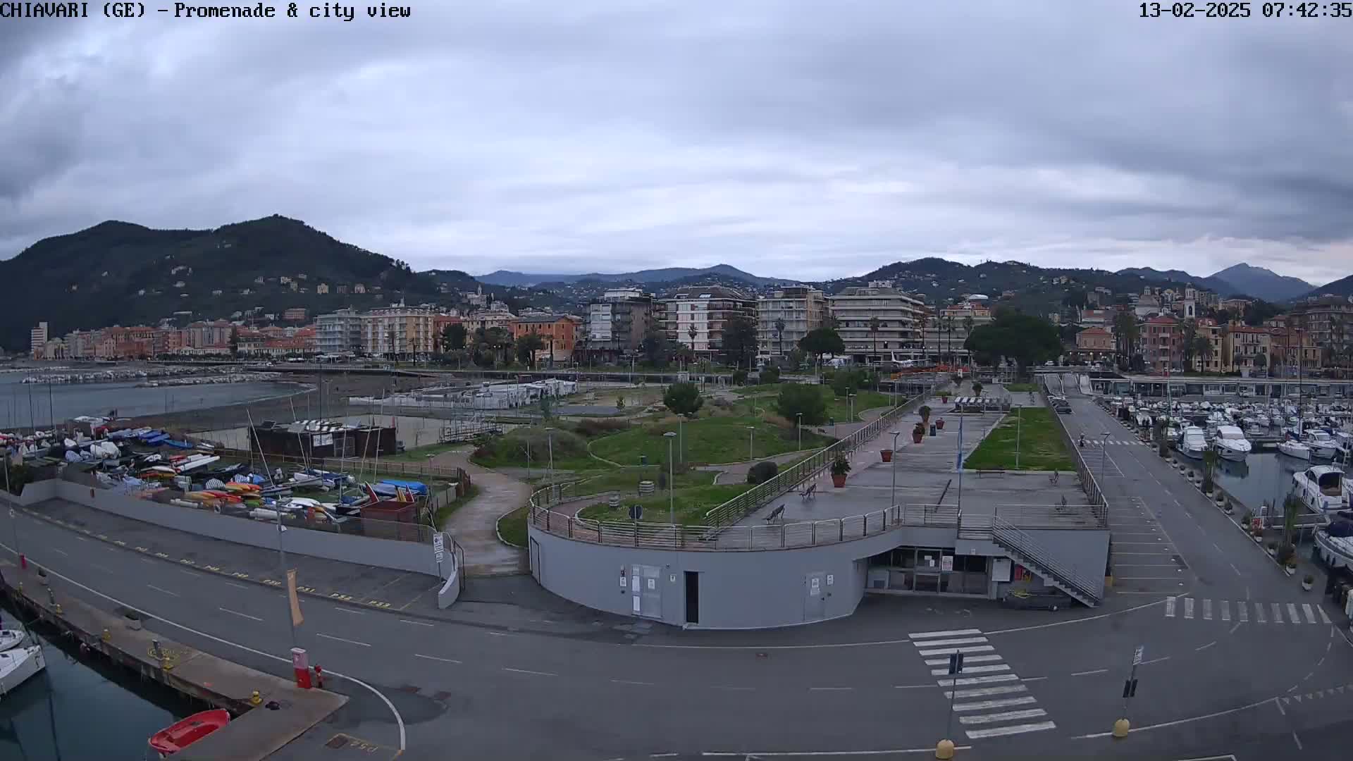 An overcast day reveals a harbor with numerous boats, a paved promenade, a landscaped park, and a city backdrop of buildings nestled against hills.