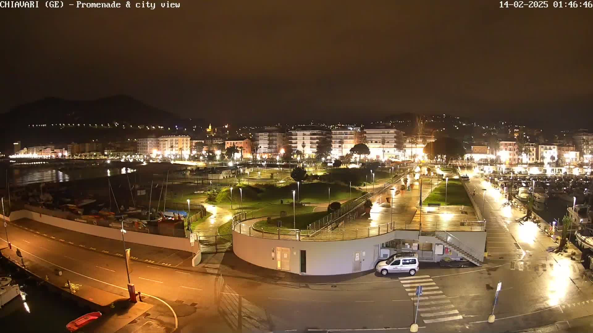 A nighttime view of a waterfront city with a promenade, park, and marina, illuminated by streetlights on a wet surface.