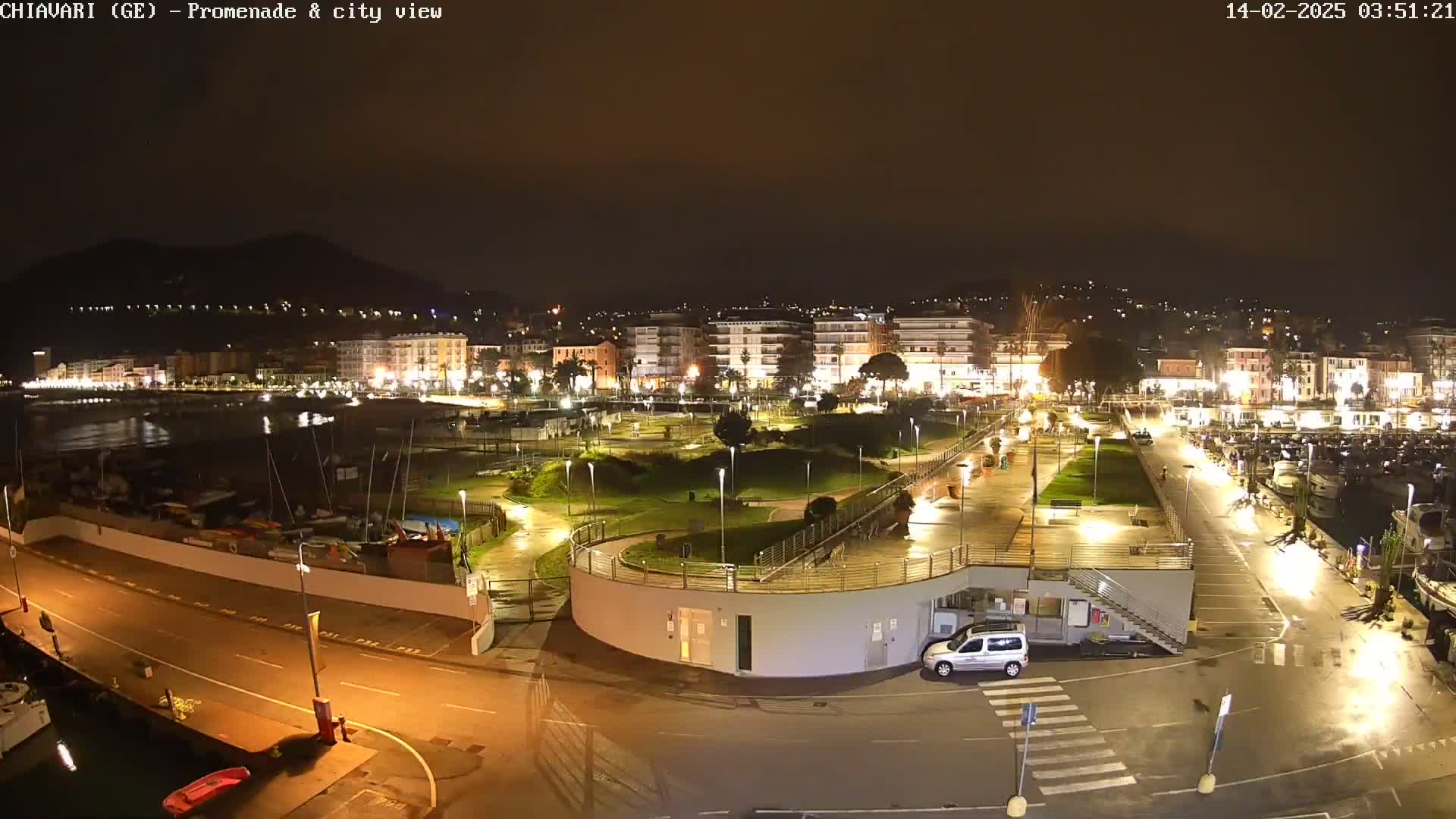 A nighttime view of a waterfront city with a park, marina, and roads, illuminated by streetlights in what appears to be wet conditions.