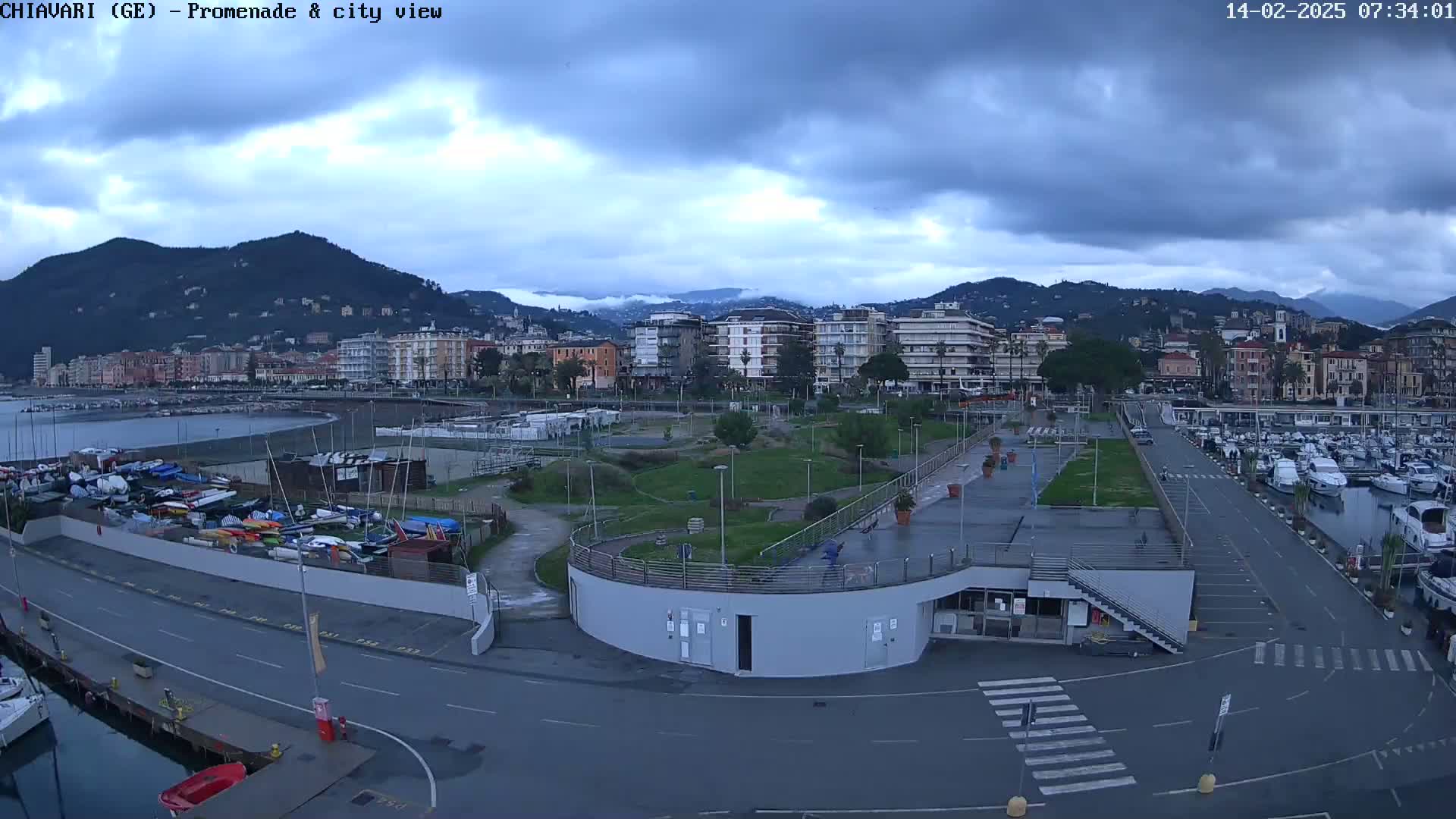 A harbor marina with numerous boats, a promenade, and a city backdrop under an overcast sky.