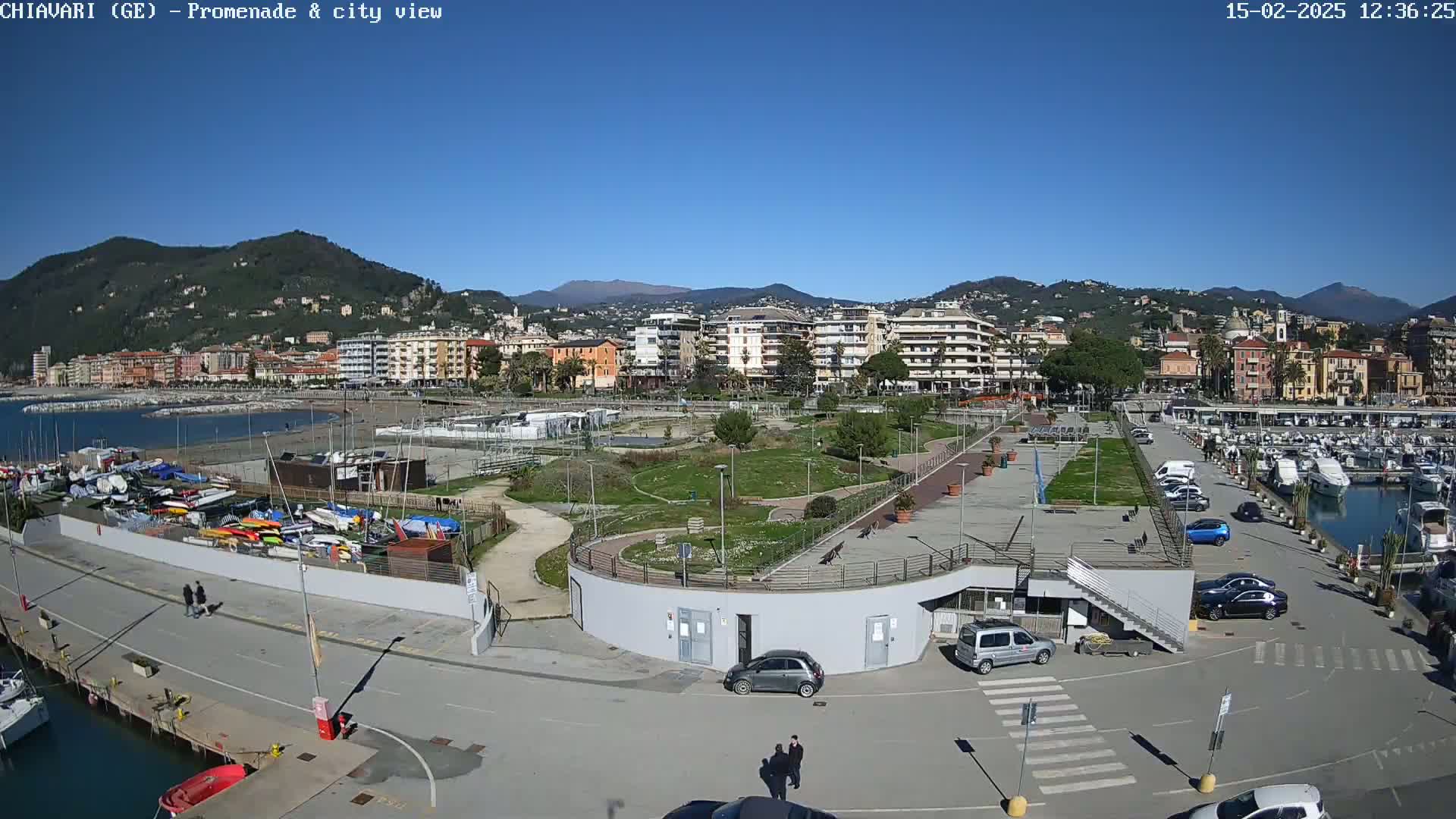 A coastal city scene on a sunny day shows a harbor filled with boats, a park with winding paths, and buildings rising up a hillside in the background.