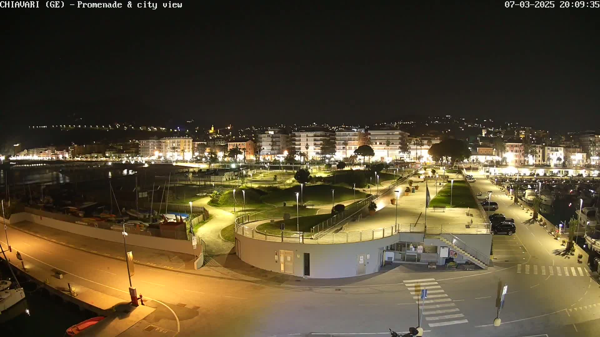 A nighttime aerial view of a city's illuminated waterfront promenade and marina, featuring a park and parked cars.