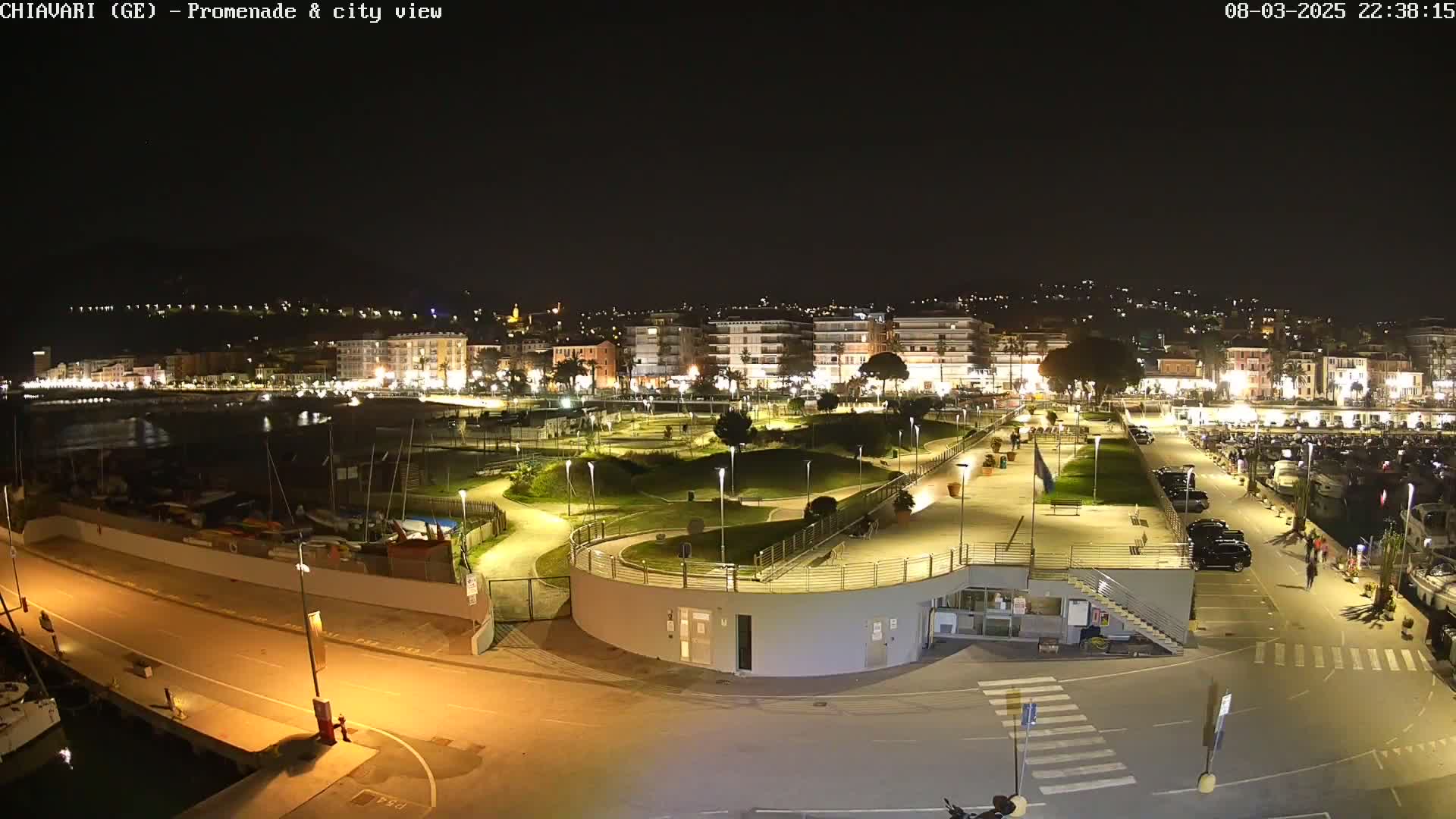 A nighttime view of a city's waterfront promenade and harbor, featuring a park with winding pathways and illuminated buildings in the background.