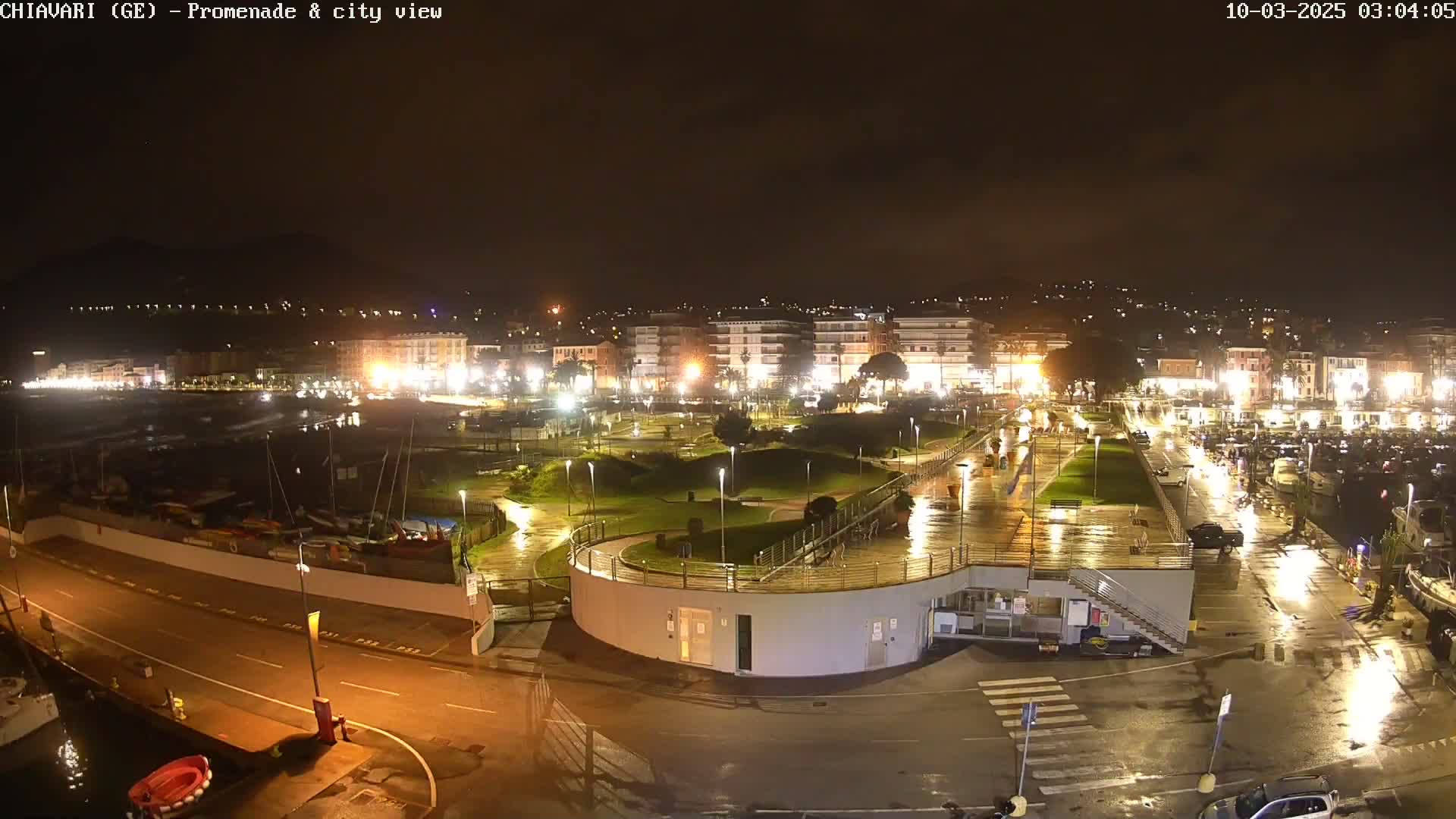 A nighttime, rain-slicked view of a harbor town's promenade and marina, with buildings brightly lit along the waterfront.