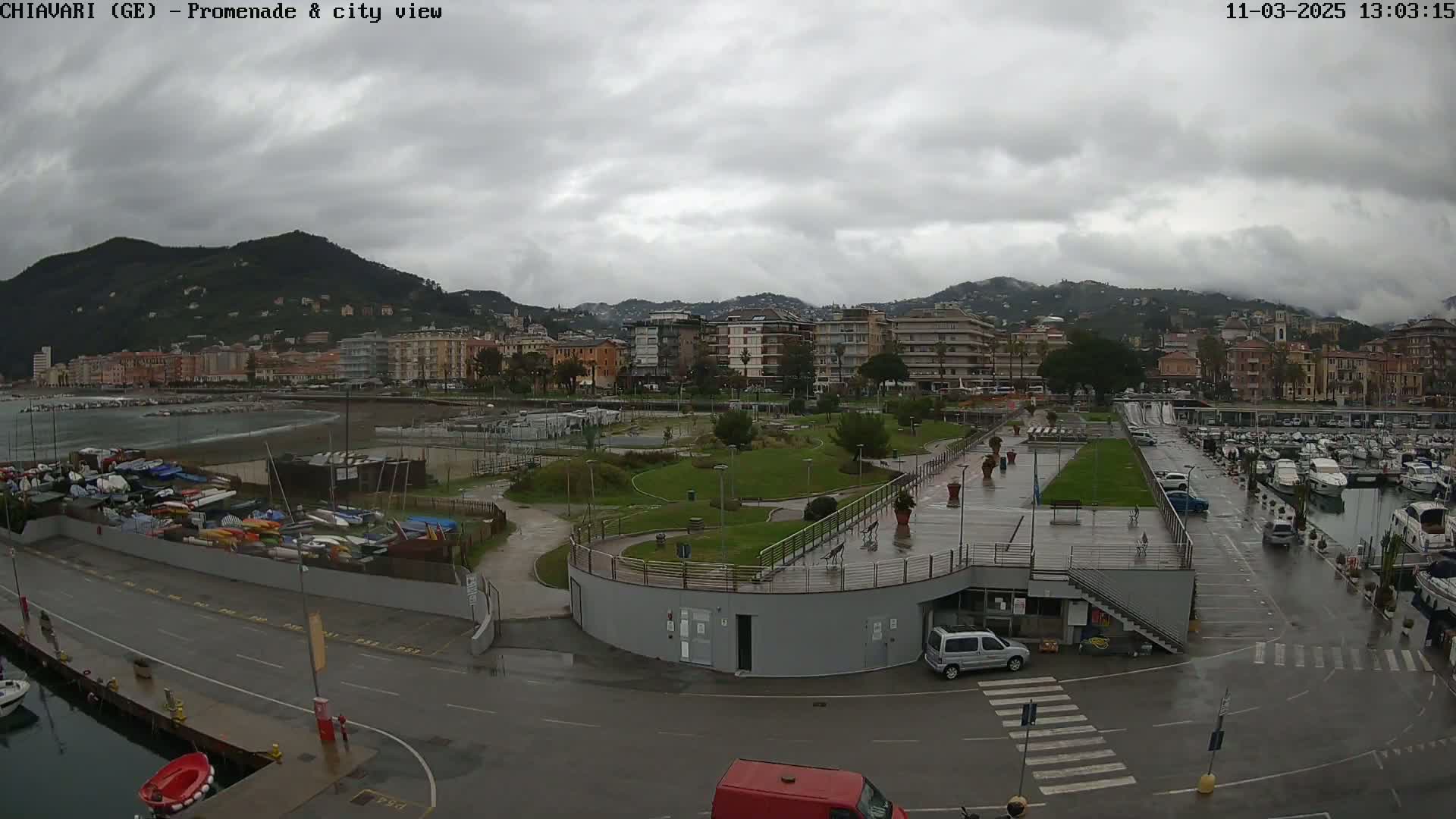 A seaside city with a harbor full of boats is seen under an overcast sky, with rain on the ground.