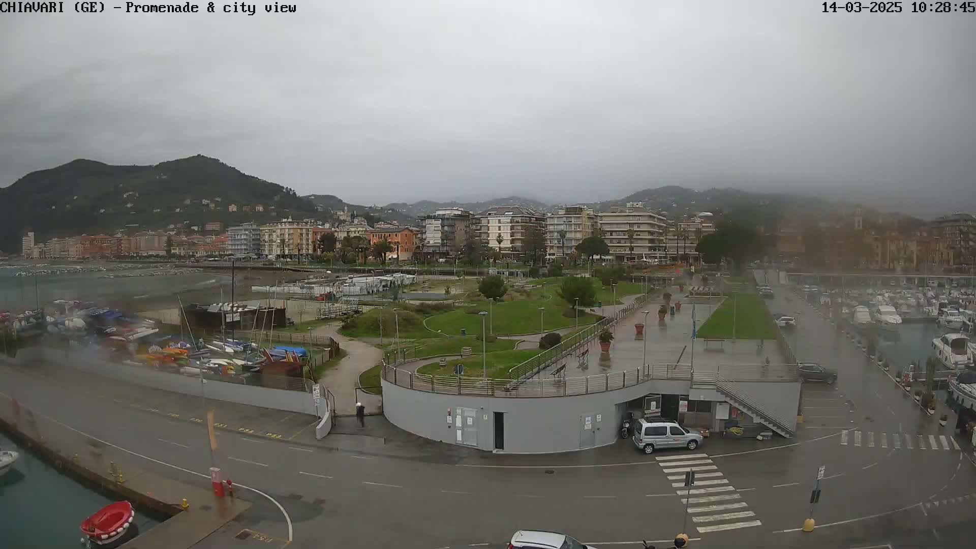 A rain-soaked waterfront promenade overlooks a marina filled with boats and a town nestled against a hillside under a cloudy sky.