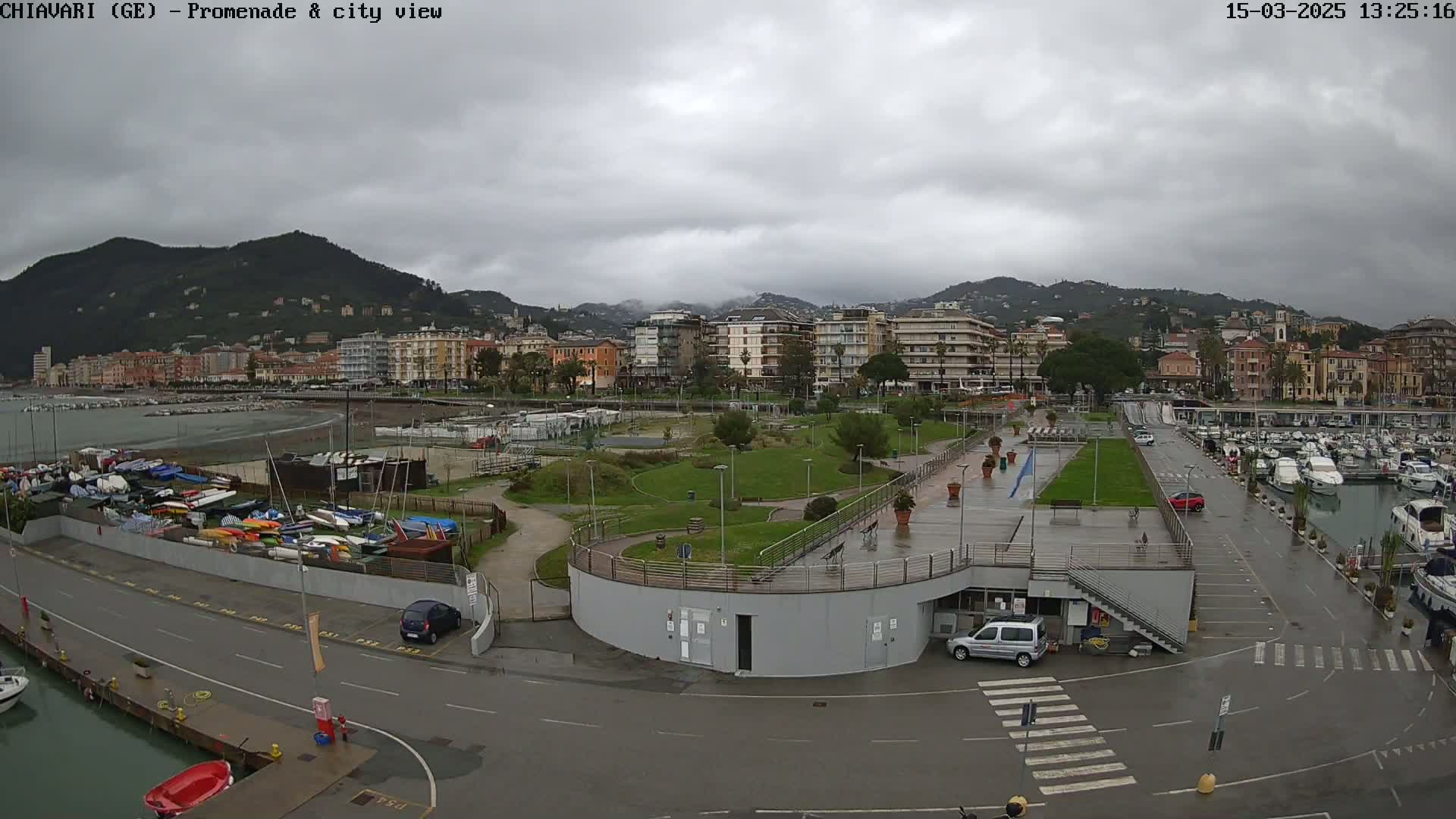 A waterfront promenade with a marina filled with boats, a grassy park, and apartment buildings behind it, all under an overcast sky.