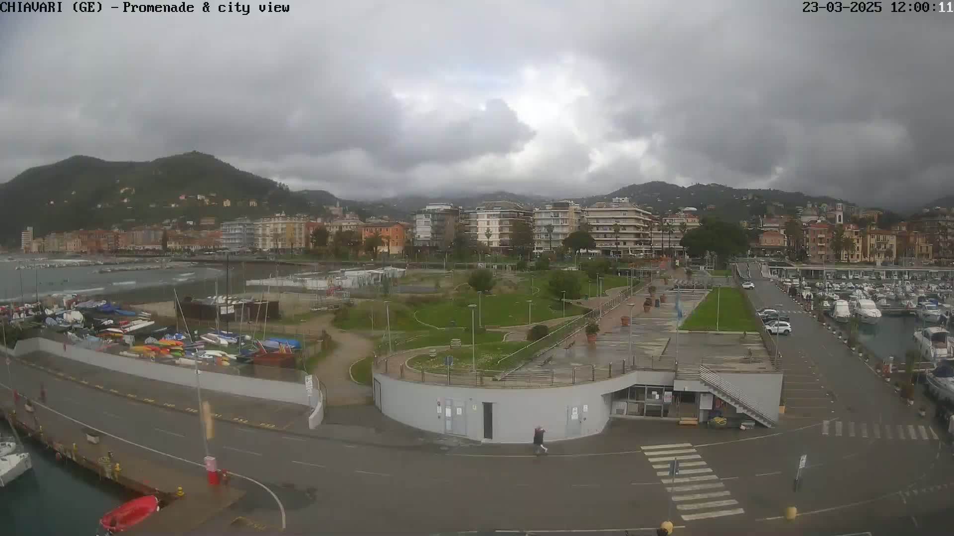 A seaside town with a marina, park, and residential buildings under a cloudy sky.