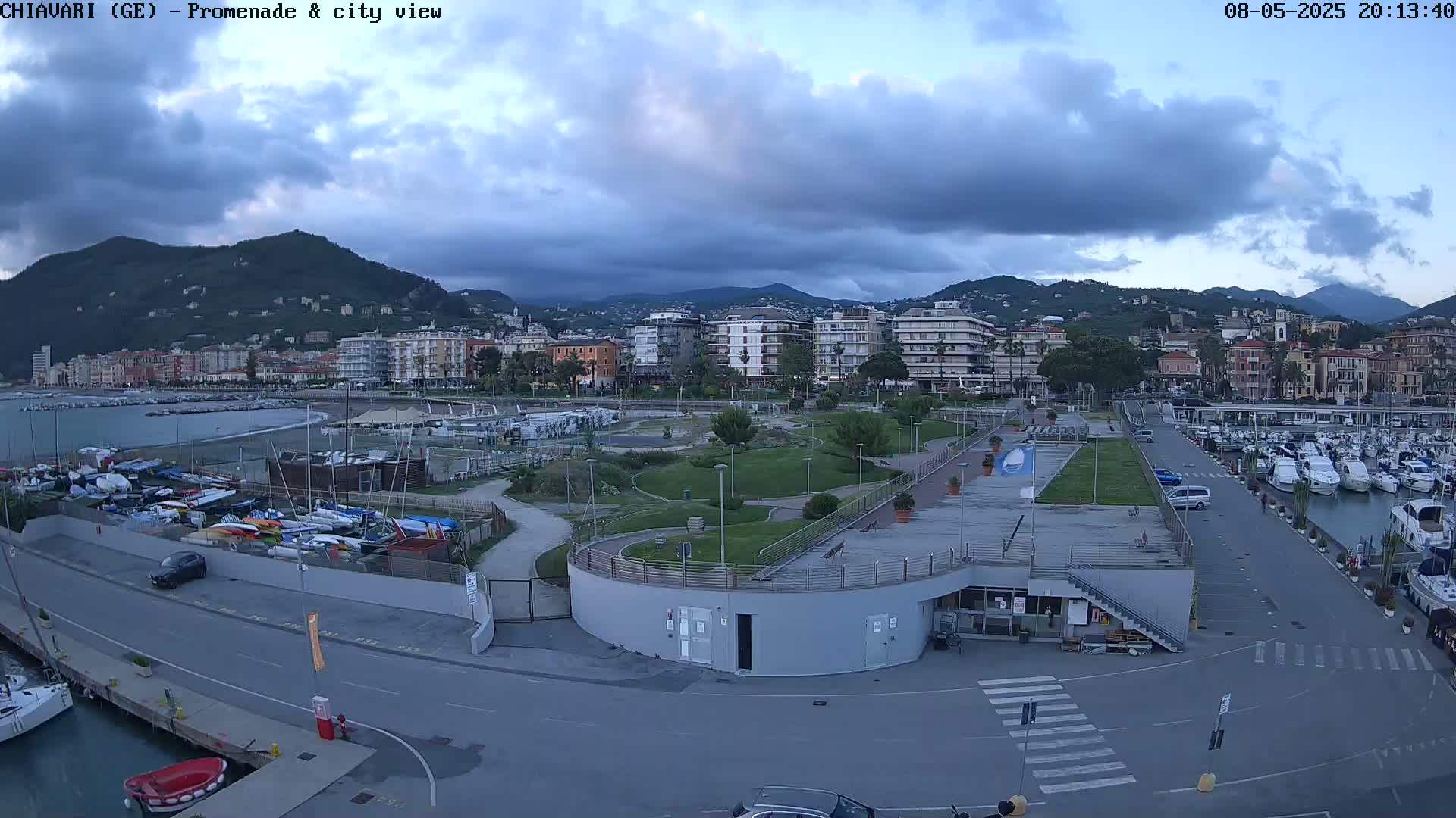 An overcast sky hangs over a coastal city with a marina filled with boats, a promenade, and green spaces.