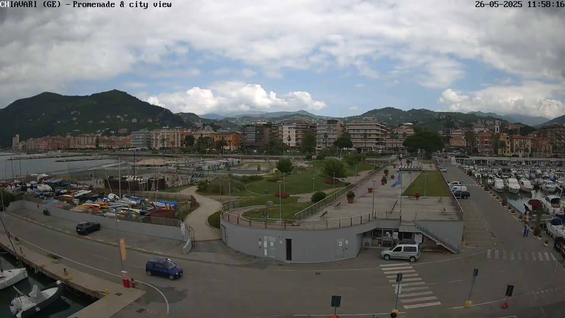 A partly cloudy day overlooking a harbor with a marina filled with boats, a city of buildings nestled against mountains, and a promenade with green spaces.