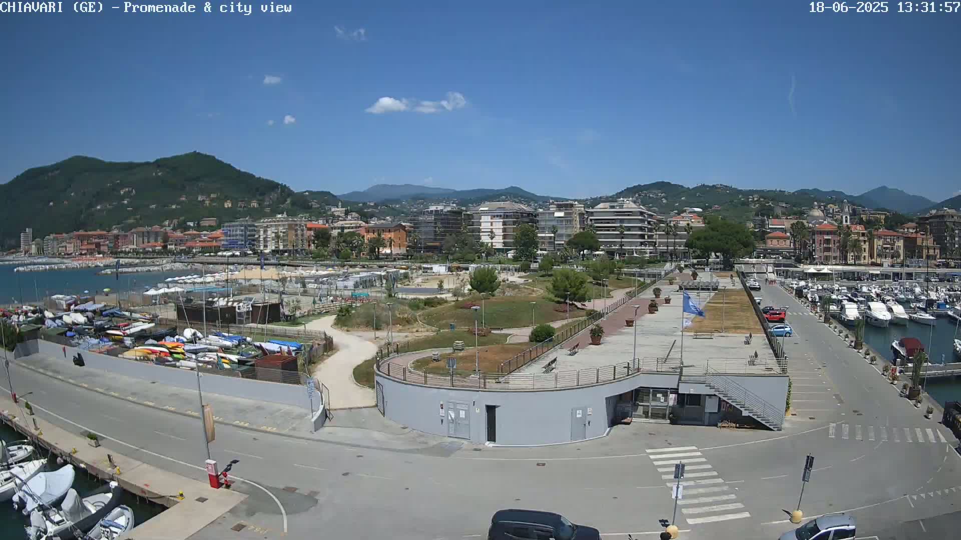 A sunny day overlooking a harbor filled with boats, a promenade, a park, and a city nestled against a mountain backdrop.