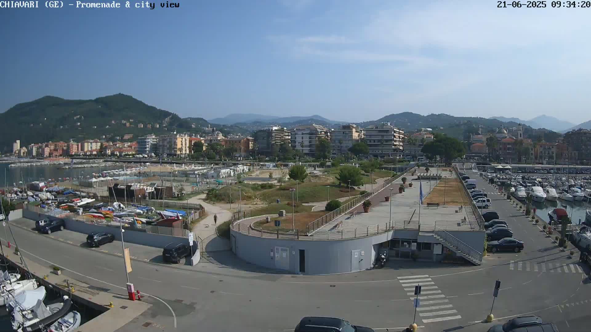 A harborside promenade with a marina full of boats, a city backdrop of buildings and hills, and a clear, sunny sky.