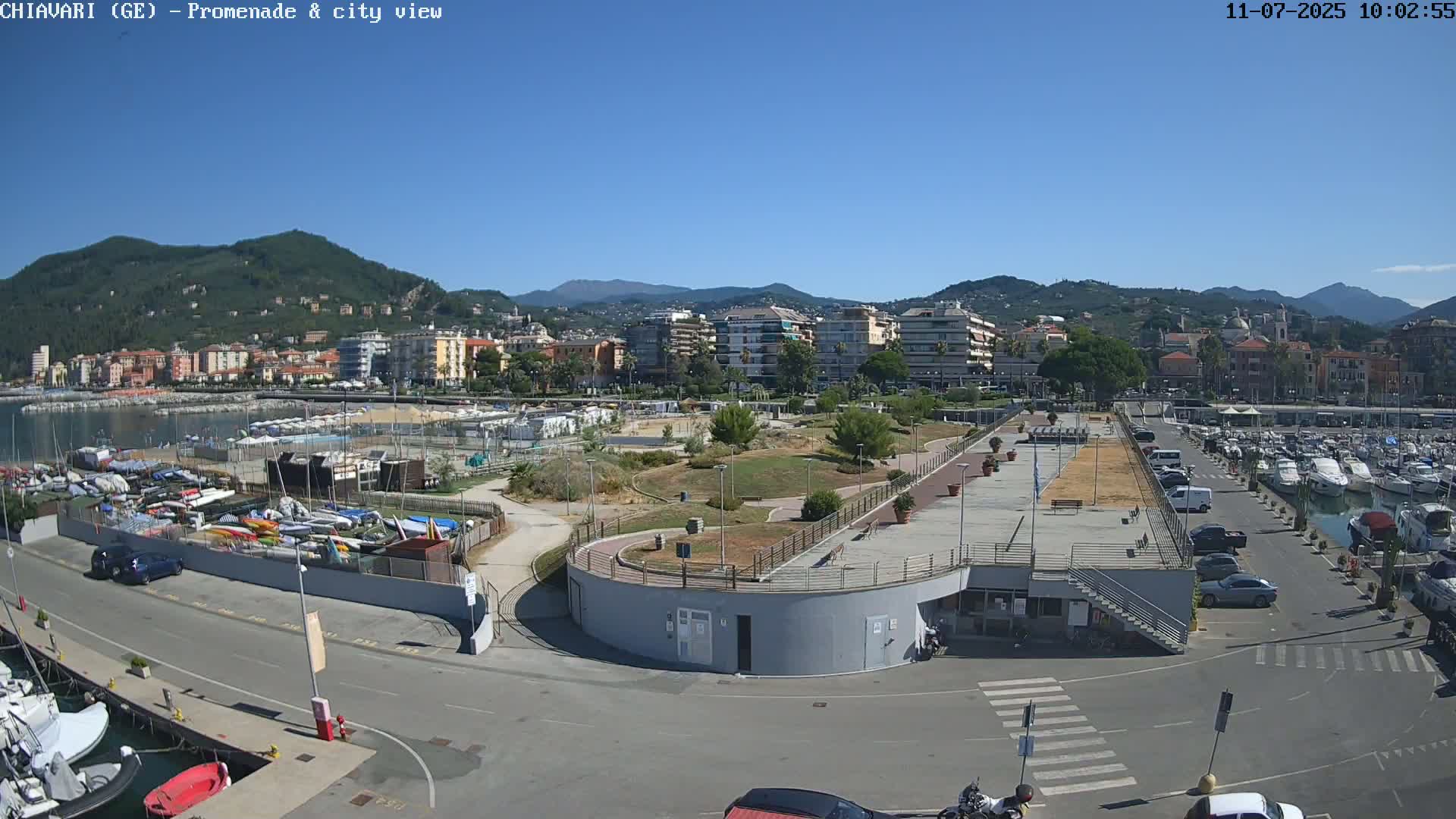 A sunny day overlooking a harbor filled with boats, a paved promenade, a park, and a town nestled against a mountain range.