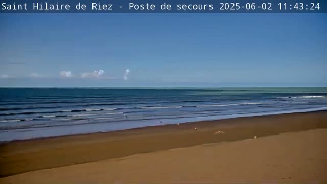 A mostly clear blue sky overlooks a calm ocean with small waves lapping a sandy beach.