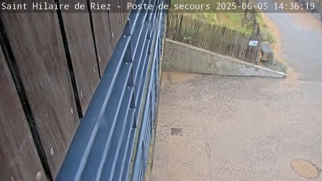 A high-angle view shows a section of a gray metal grate next to a brown wooden wall, overlooking a gravel area partially covered in shallow, muddy water.
