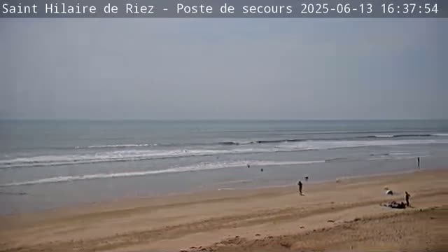 A mostly sunny day at a beach with small waves, a few people on the shore, and calm water.