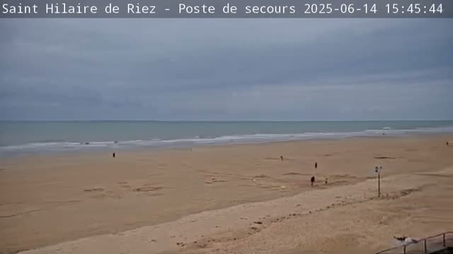 A wide sandy beach stretches to a calm, gray-sky ocean under an overcast sky.